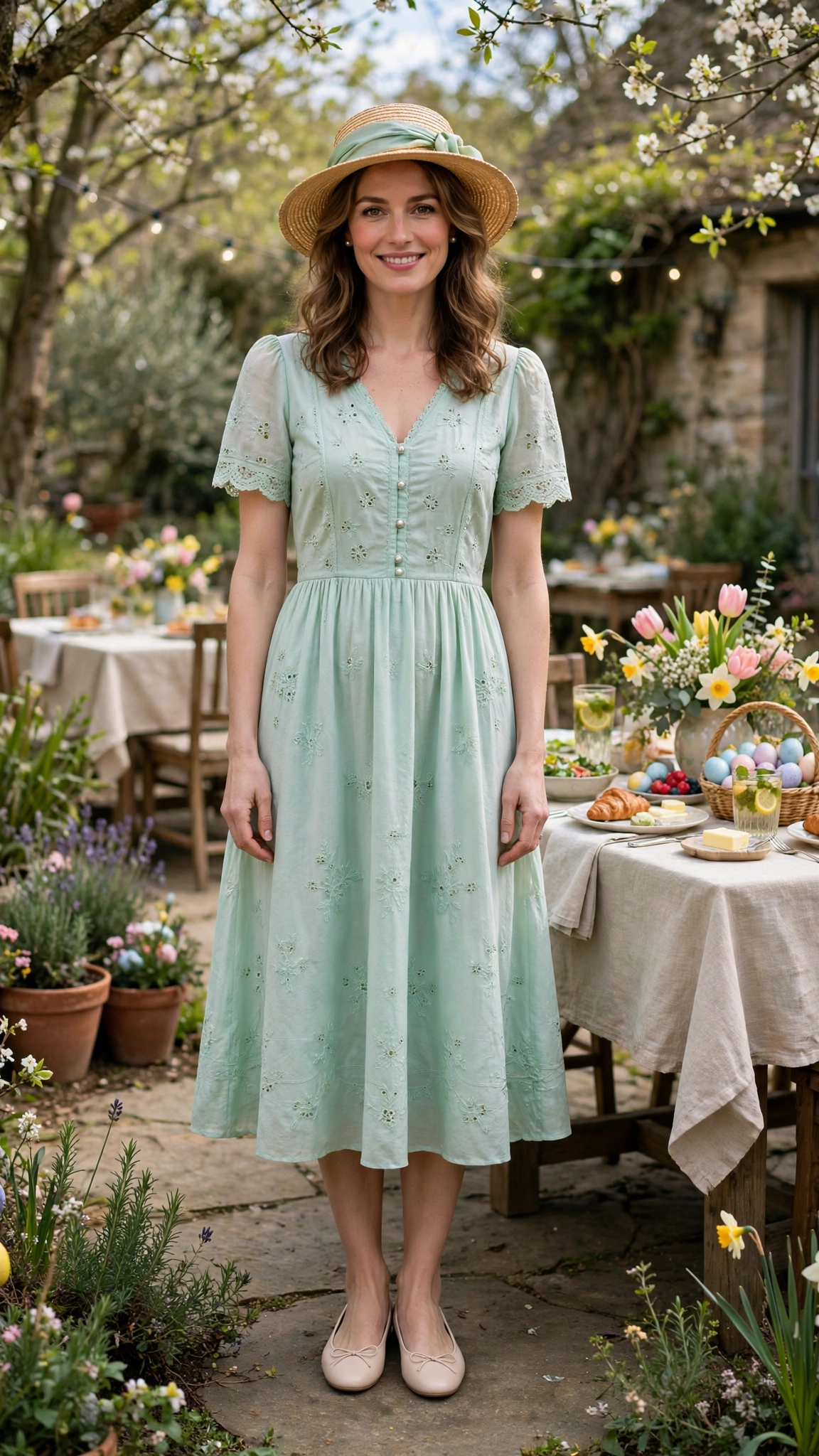 Mint Spring Easter Outfit with a straw hat and ballet flats