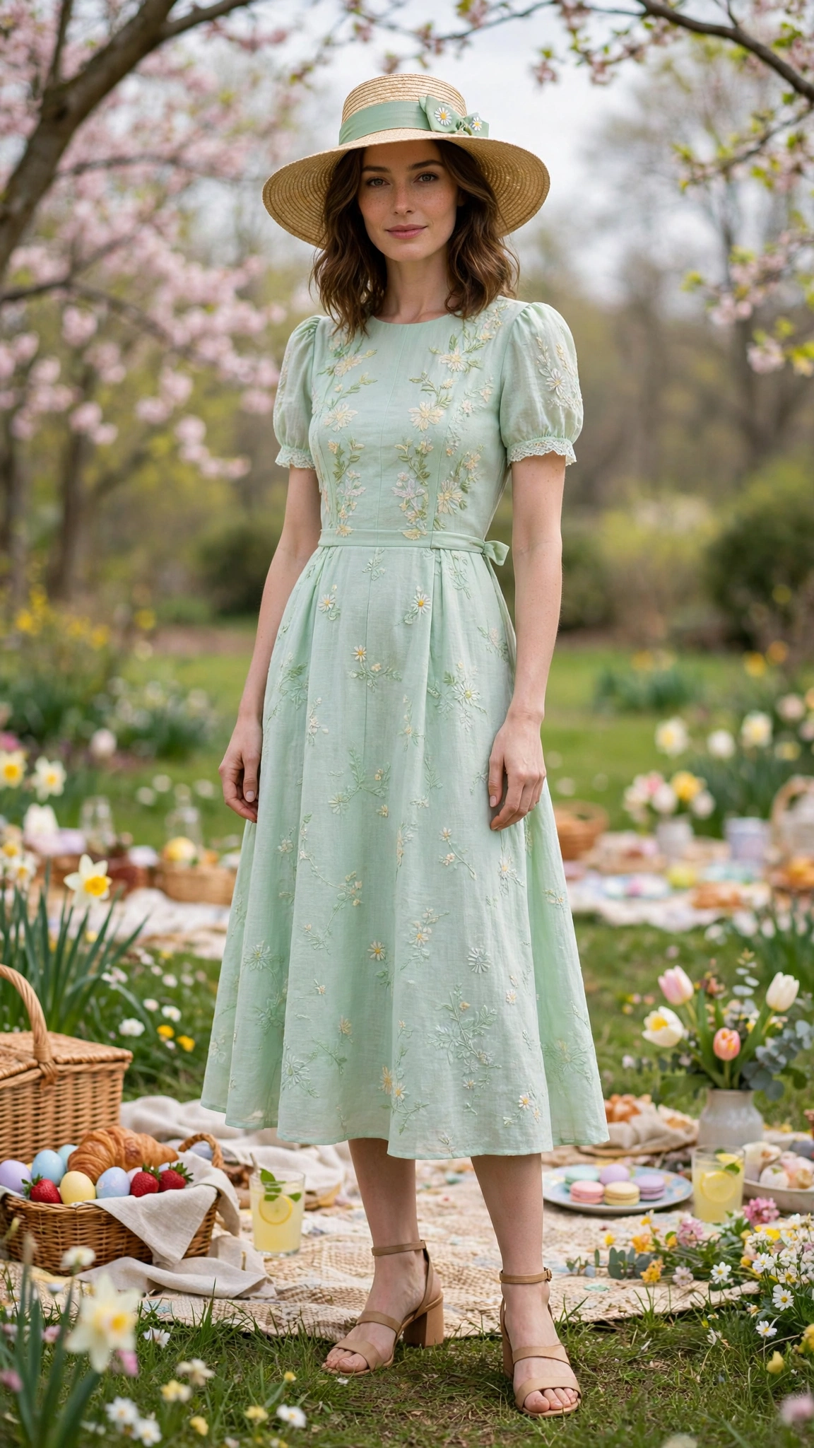 Mint Spring Easter Outfit with a wide-brim hat and block-heel sandals