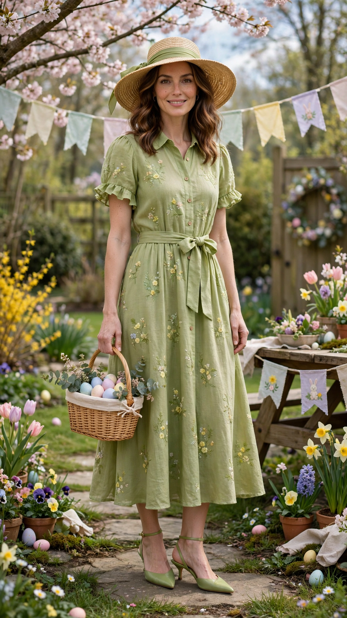 Pistachio Spring Easter Outfit with a sun hat and slingback heels
