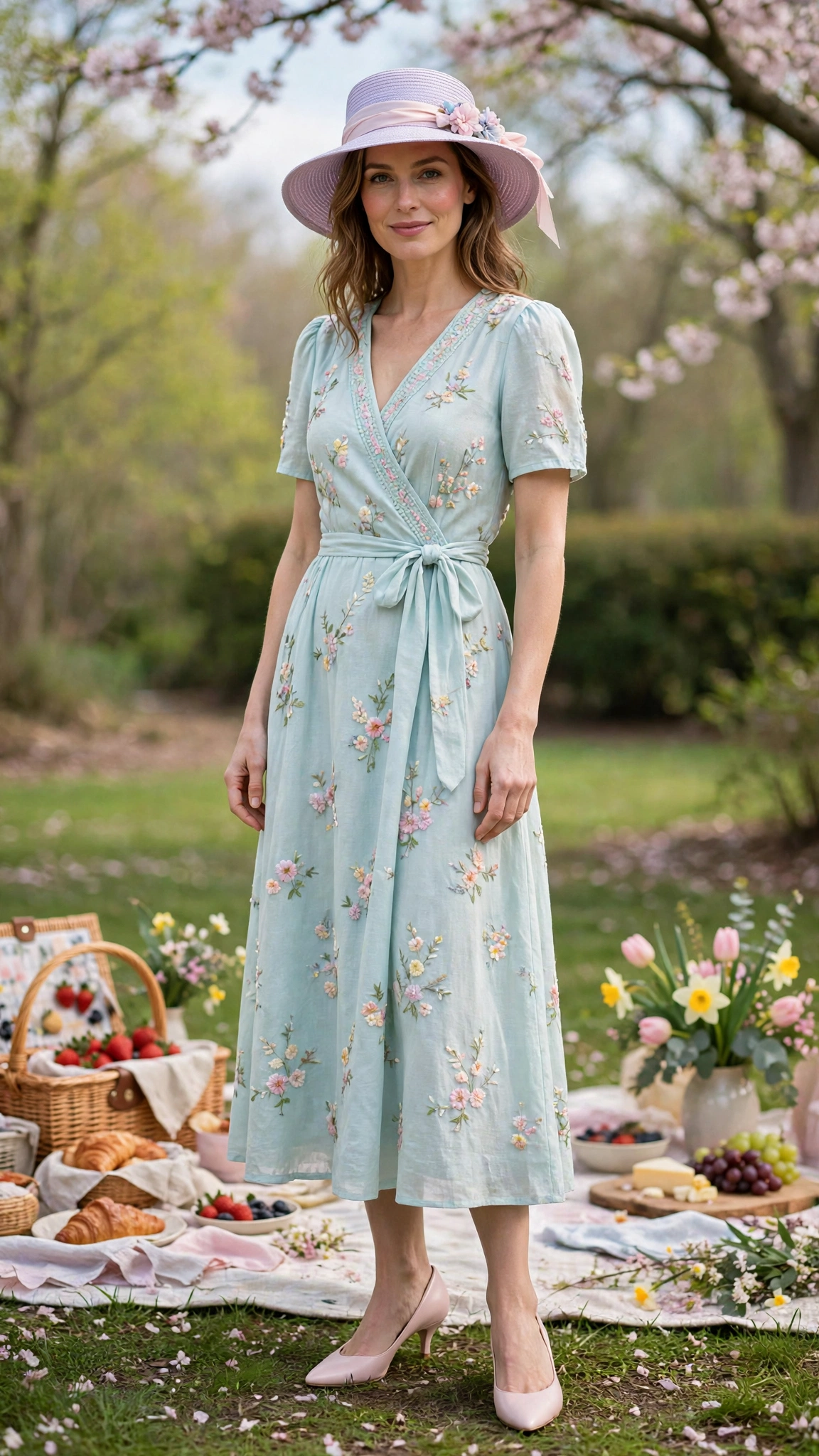 Light Aqua Spring Easter Outfit with a pastel hat and kitten heels