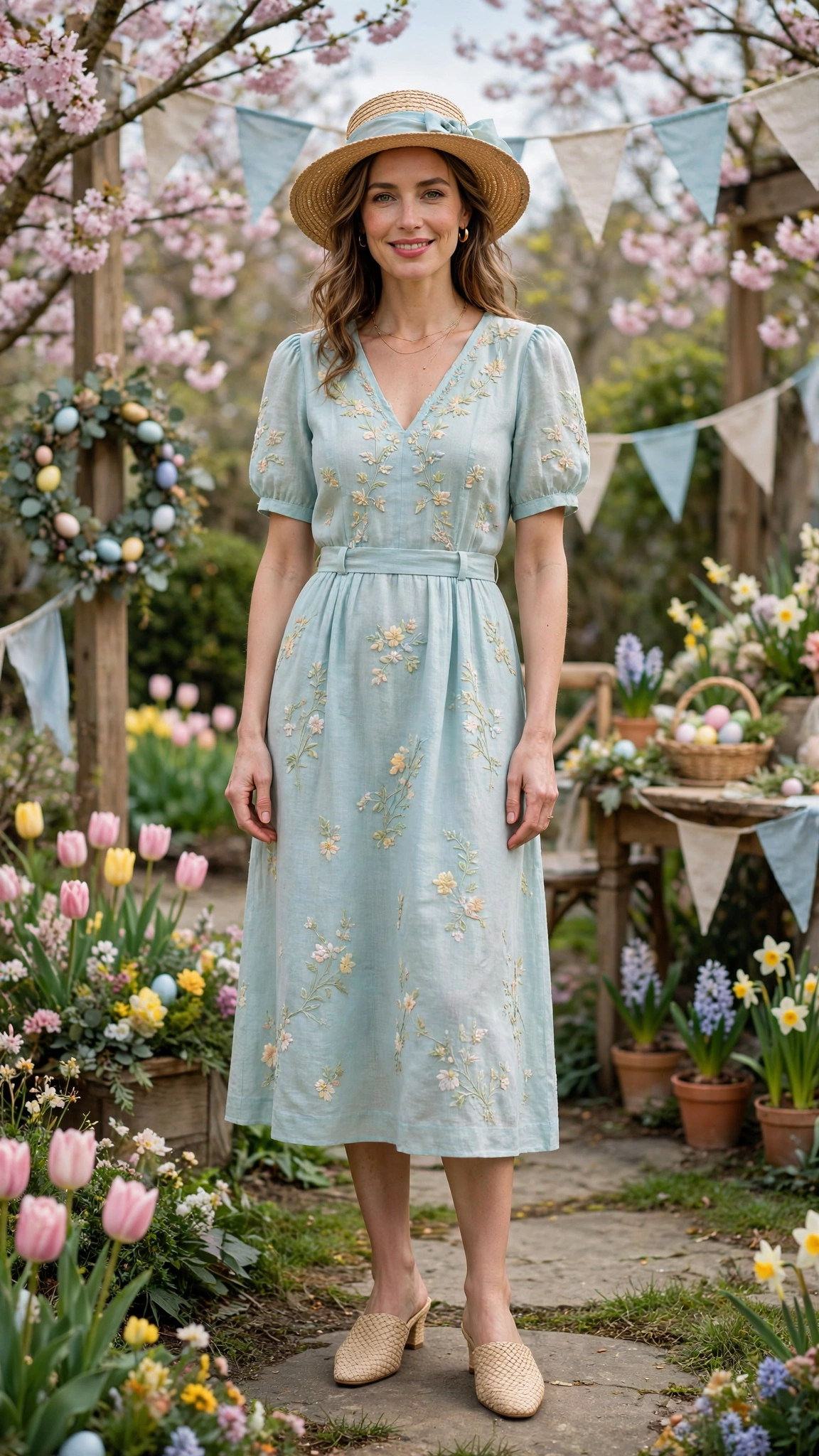 Light Aqua Spring Easter Outfit with a woven hat and mules