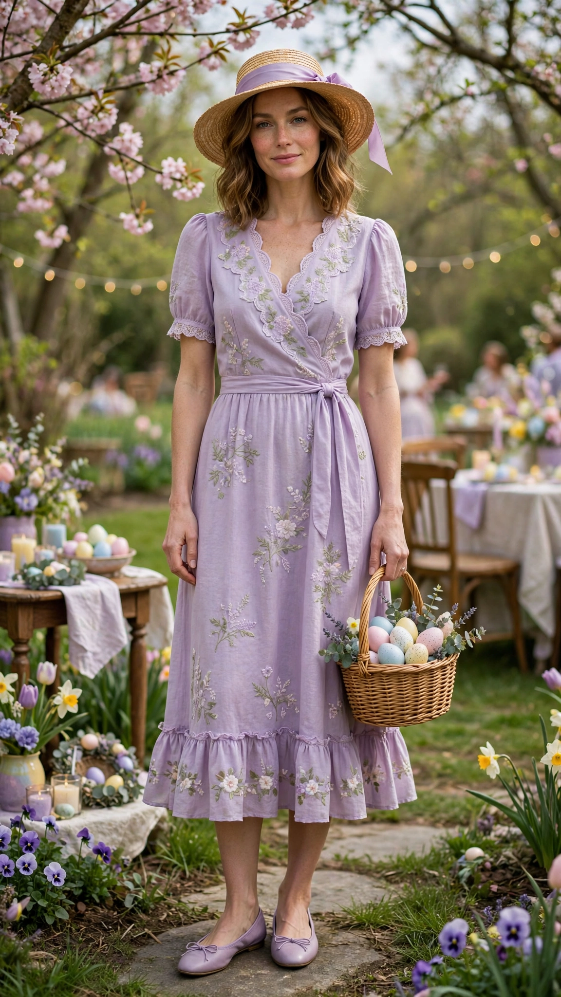 Soft Lilac Spring Easter Outfit with a straw hat and ballet flats