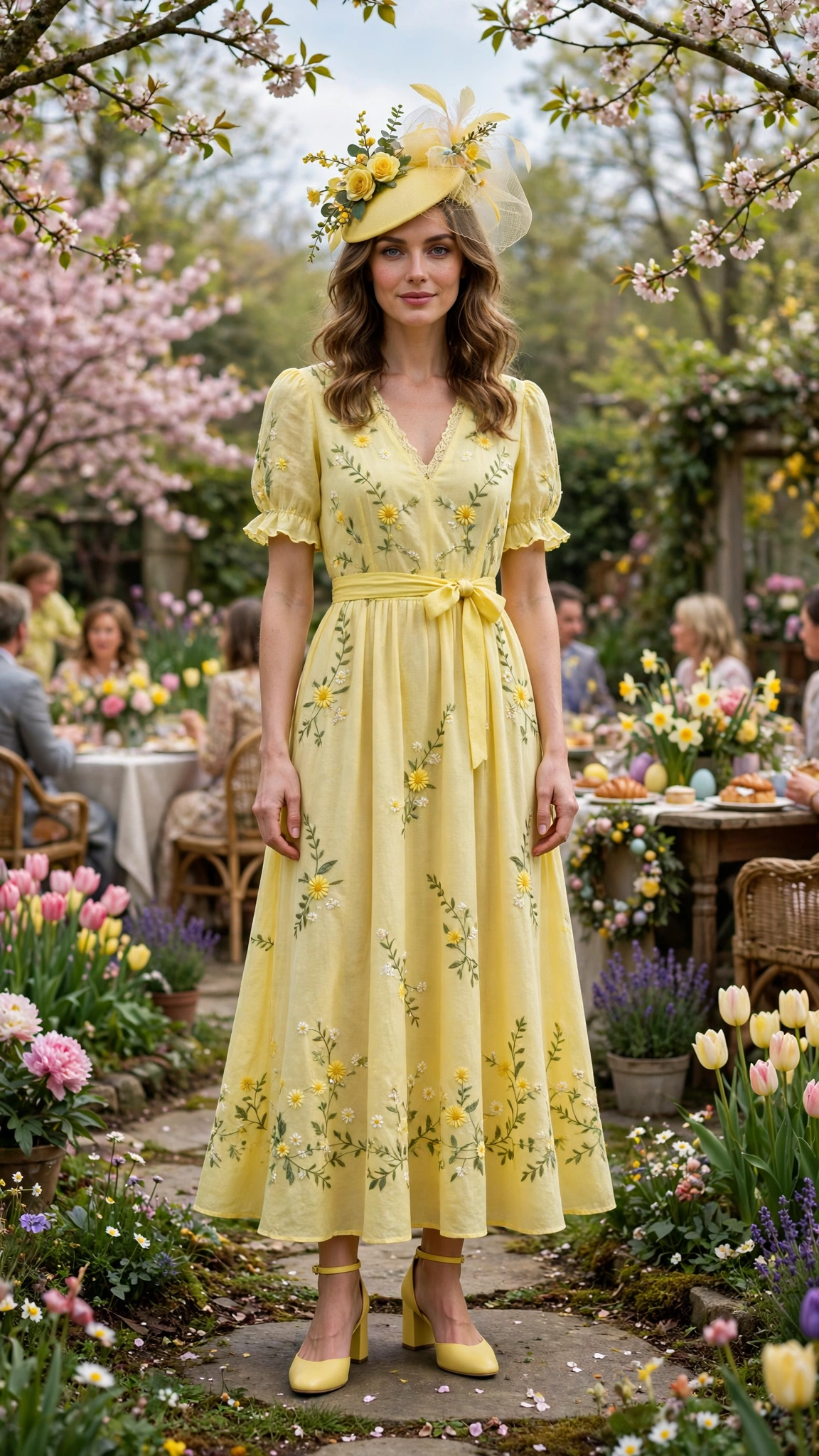 Lemon Yellow Spring Easter Outfit with a fascinator-style hat and block heels