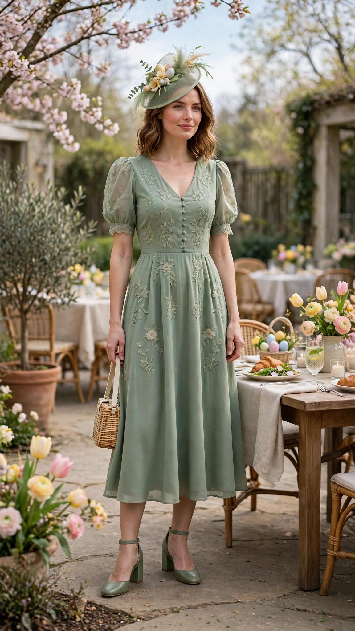 Sage Green Spring Easter Outfit with a fascinator-style hat and block heels