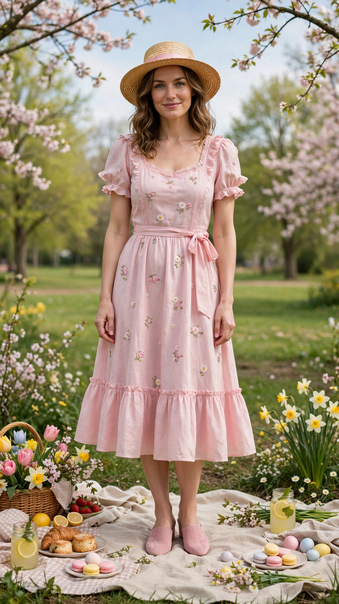 Powder Pink Spring Easter Outfit with a woven hat and mules