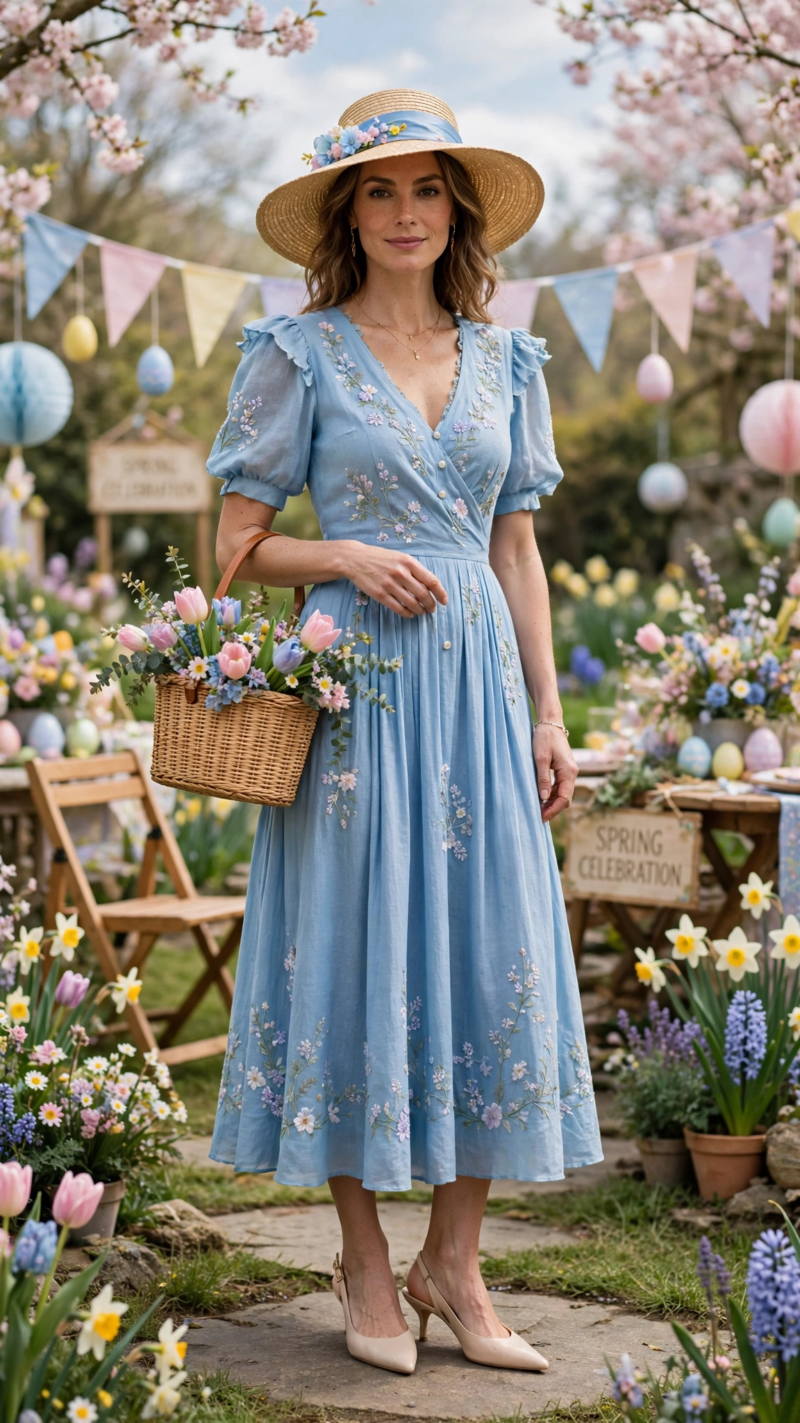 Sky Blue Spring Easter Outfit with a sun hat and slingback heels