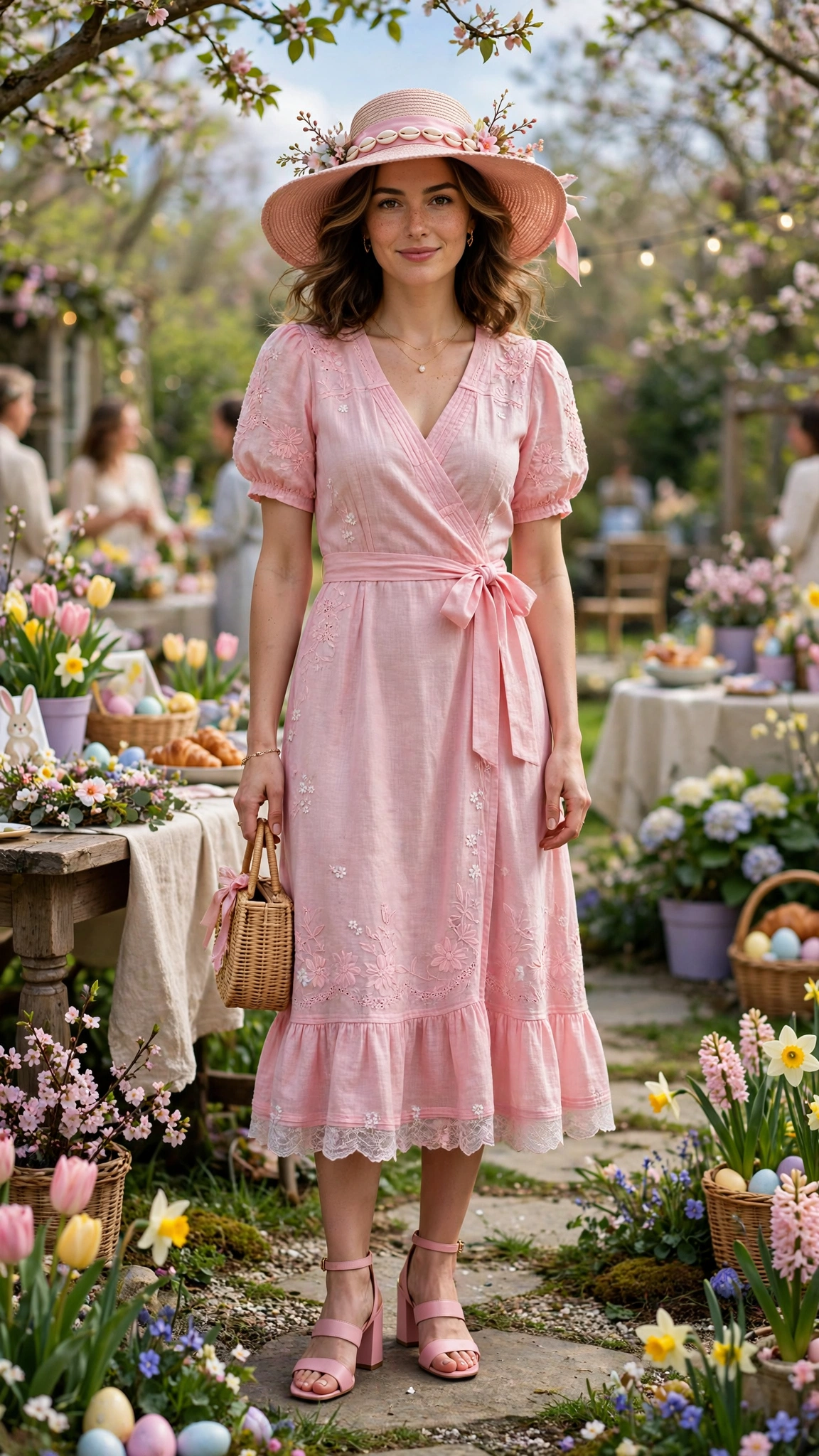 Shell Pink Spring Easter Outfit with a wide-brim hat and block-heel sandals