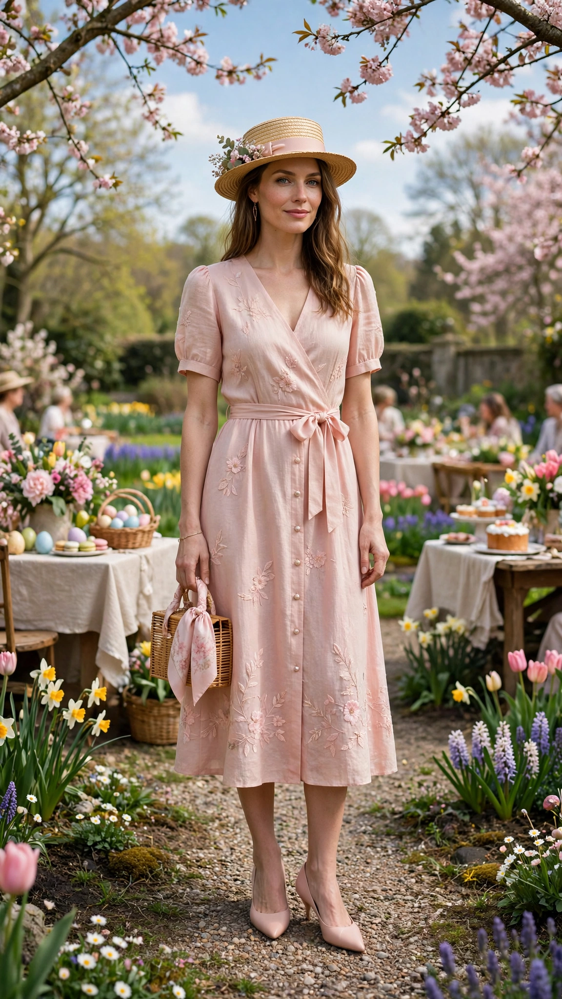 Blush Pink Spring Easter Outfit with a boater hat and pointed pumps