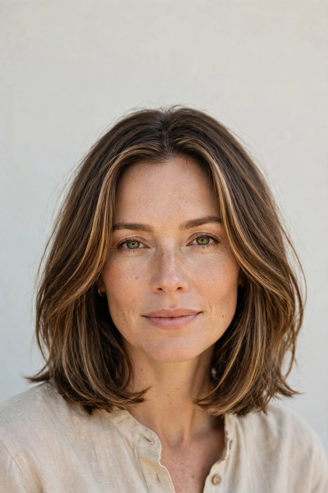 Medium Brown Wash and Go Lob with Face-Framing Highlights