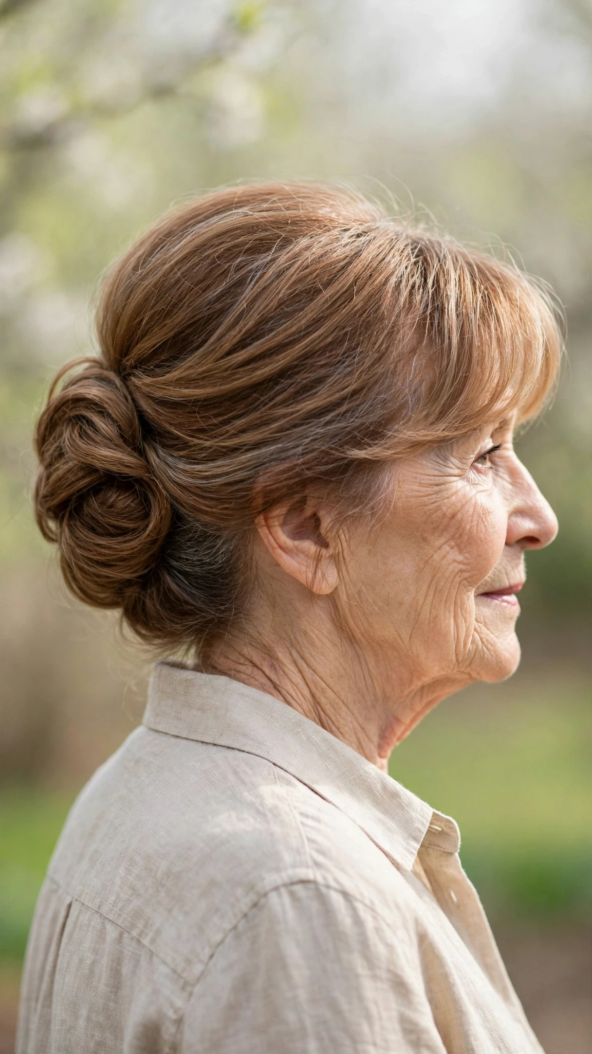 30 Spring updos for women over 70 with a soft bun and gentle volume That Are Chic, Fresh and Flattering 8 Spring Updos With A Soft Bun And Gentle Volume With Silky Smooth Strands, A Soft Side-Swept Fringe And Warm Chestnut Warmth