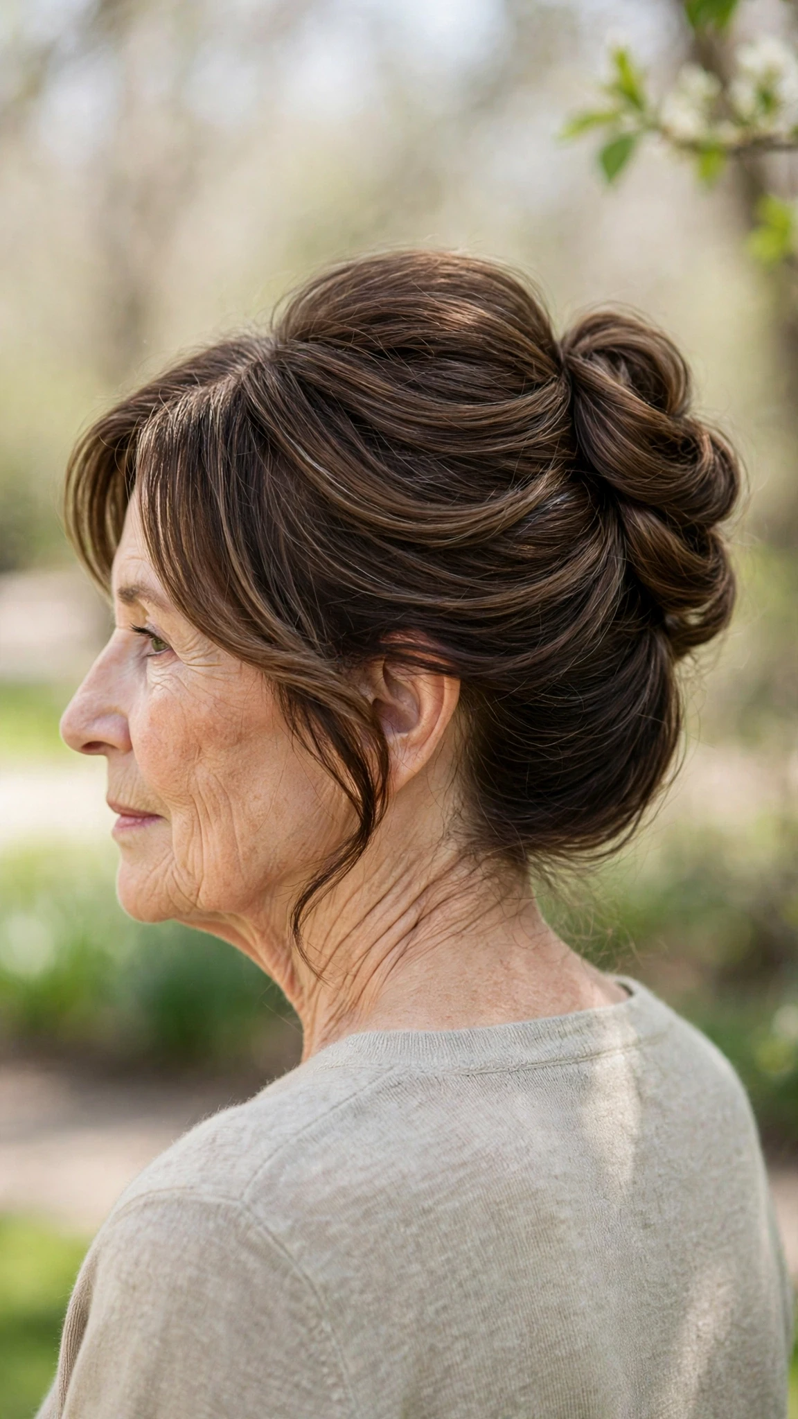 30 Spring updos for women over 70 with a soft bun and gentle volume That Are Chic, Fresh and Flattering 12 Spring Updos With A Soft Bun And Gentle Volume With Silky Smooth Strands, Face-Framing Layers And Rich Chocolate Depth