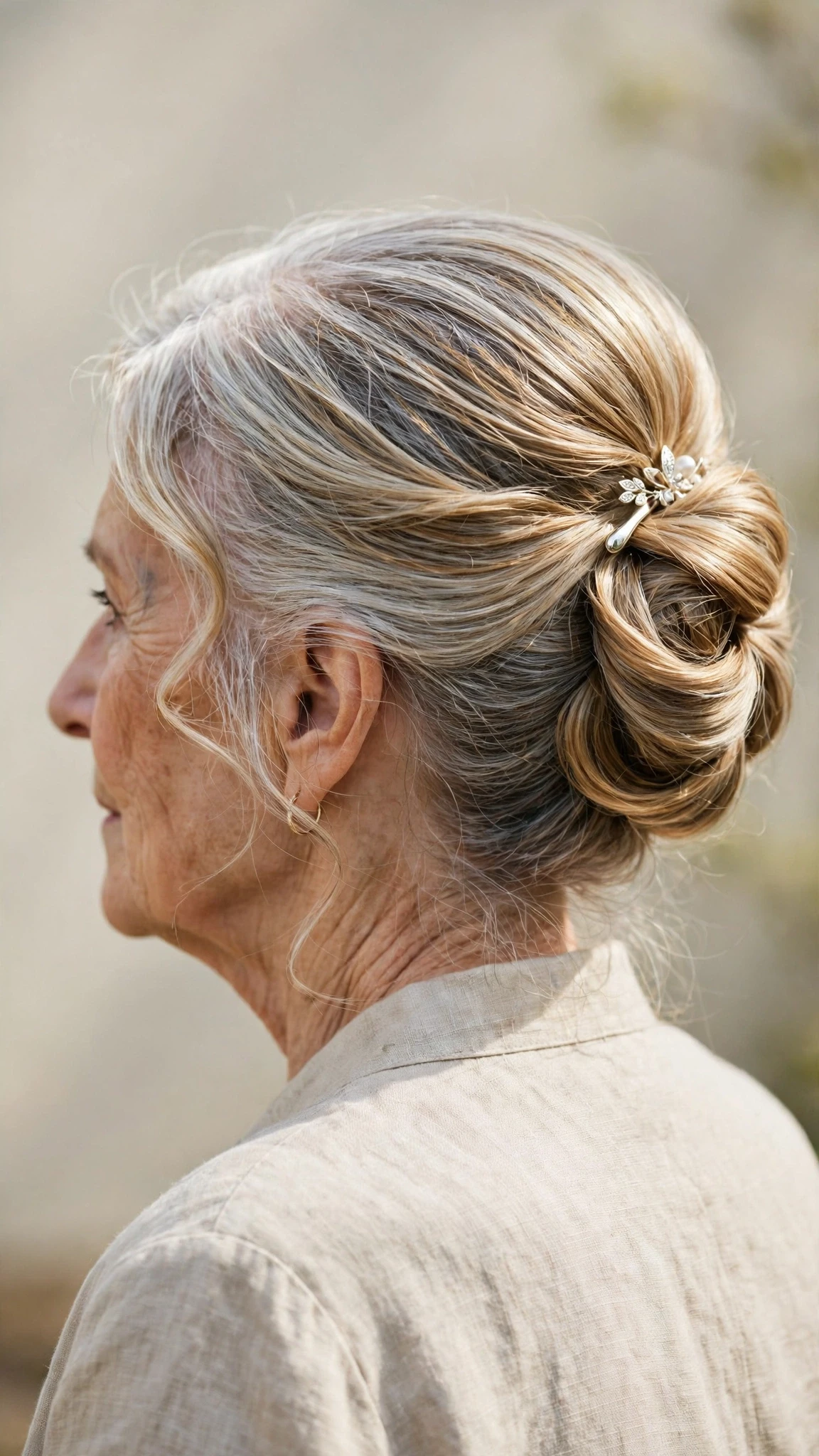 Spring Updos With Silver Hair And A Polished Pin Finish With A Sleek Straight Finish, Wispy Pieces Around The Face And Honey Blonde Shine