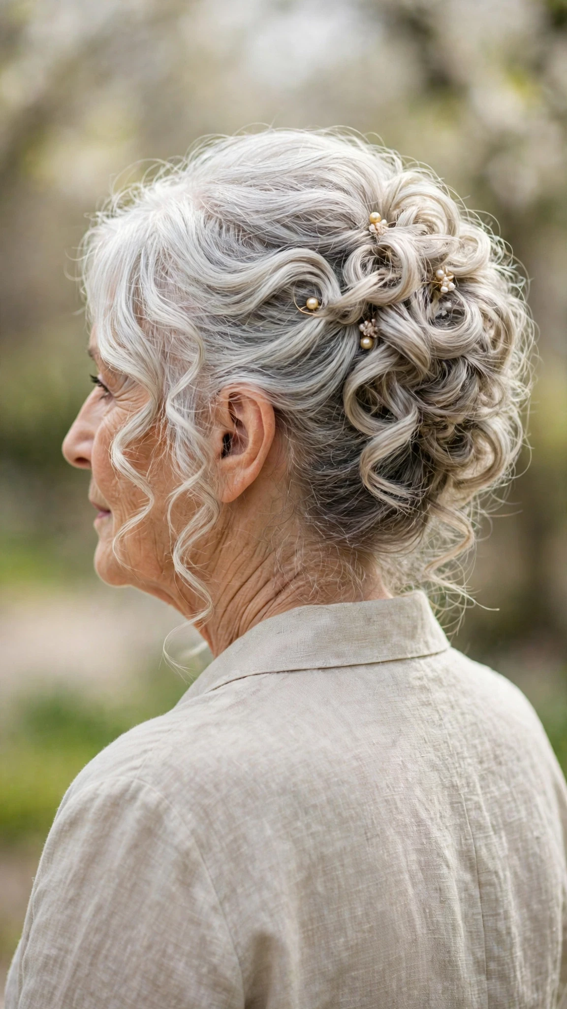Spring Updos With Silver Hair And A Polished Pin Finish With Loose Romantic Curls, Face-Framing Layers And A Fresh Salon Shine