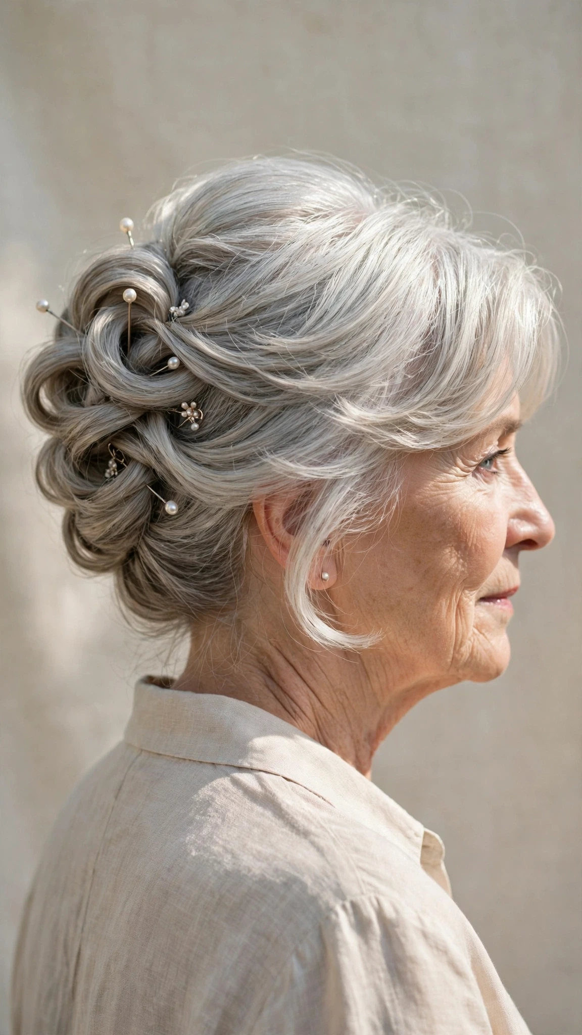 Spring Updos With Silver Hair And A Polished Pin Finish With Soft Bends And Flicked Ends, Blunt Ends With Soft Layers And A Glossy Shine Finish