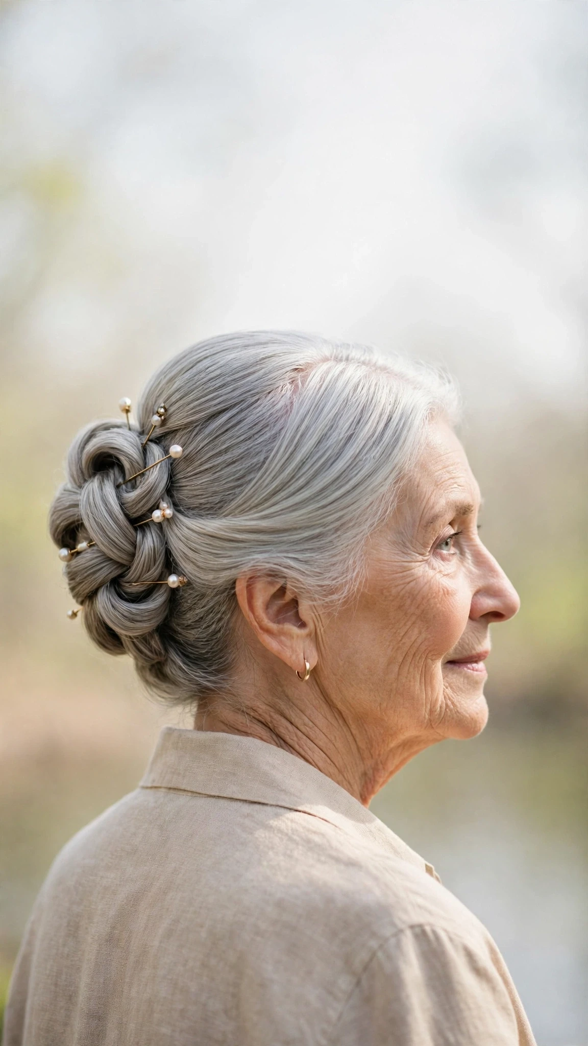 Spring Updos With Silver Hair And A Polished Pin Finish With Silky Smooth Strands, A Deep Side Part And Cool Ash Softness