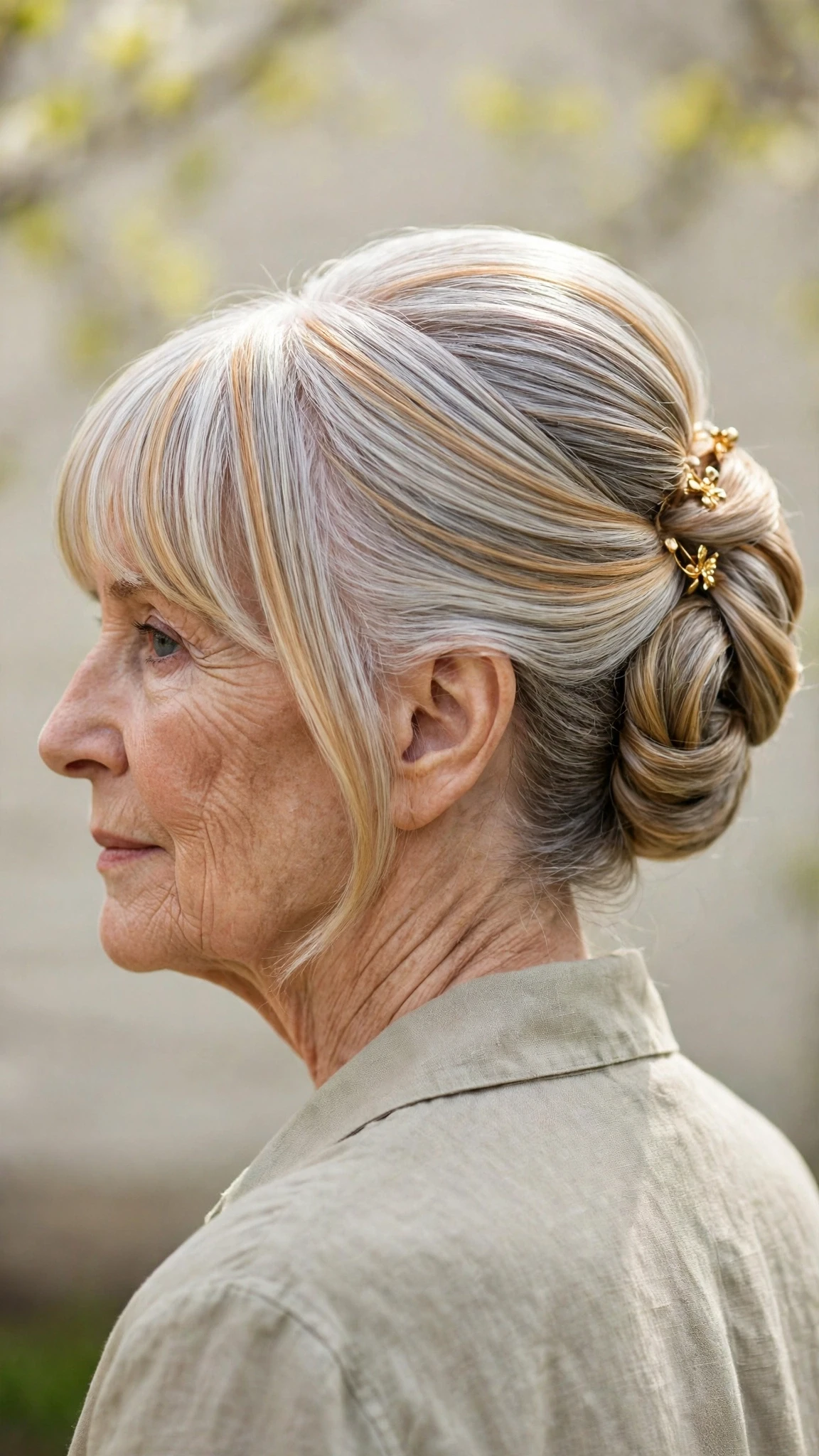 Spring Updos With Silver Hair And A Polished Pin Finish With A Sleek Straight Finish, Curtain Pieces And Soft Golden Pieces