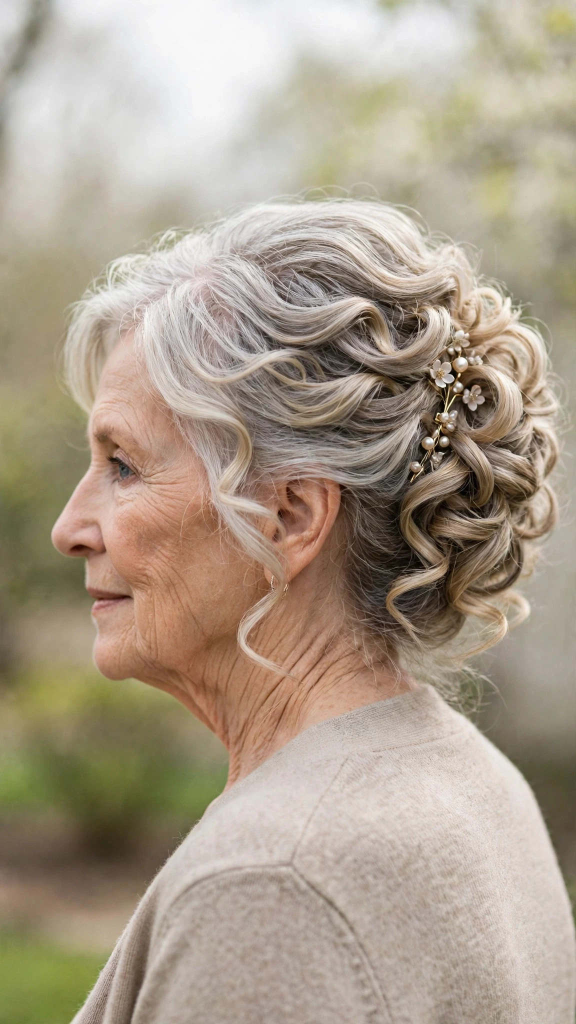 Spring Updos With Silver Hair And A Polished Pin Finish With Loose Romantic Curls, Graduated Layers And Delicate Blonde Dimension