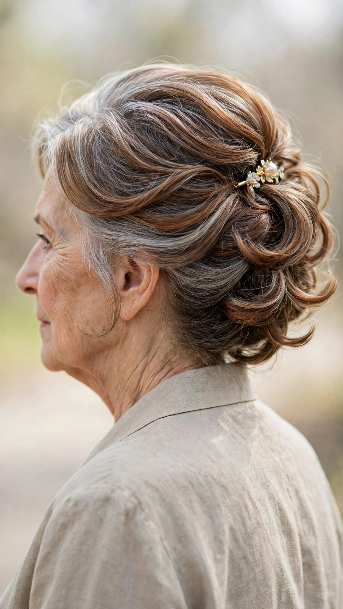Spring Updos With Silver Hair And A Polished Pin Finish With Soft Bends And Flicked Ends, Long Soft Layers And Warm Chestnut Warmth