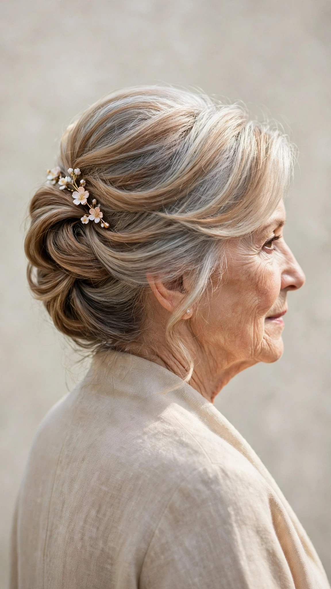 Spring Updos With Silver Hair And A Polished Pin Finish With Silky Smooth Strands, A Layered Shape That Moves And Warm Caramel Tones