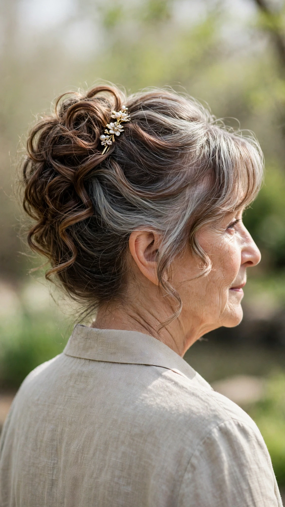 Spring Updos With Silver Hair And A Polished Pin Finish With Loose Romantic Curls, A Soft Side-Swept Fringe And Natural Brunette Depth