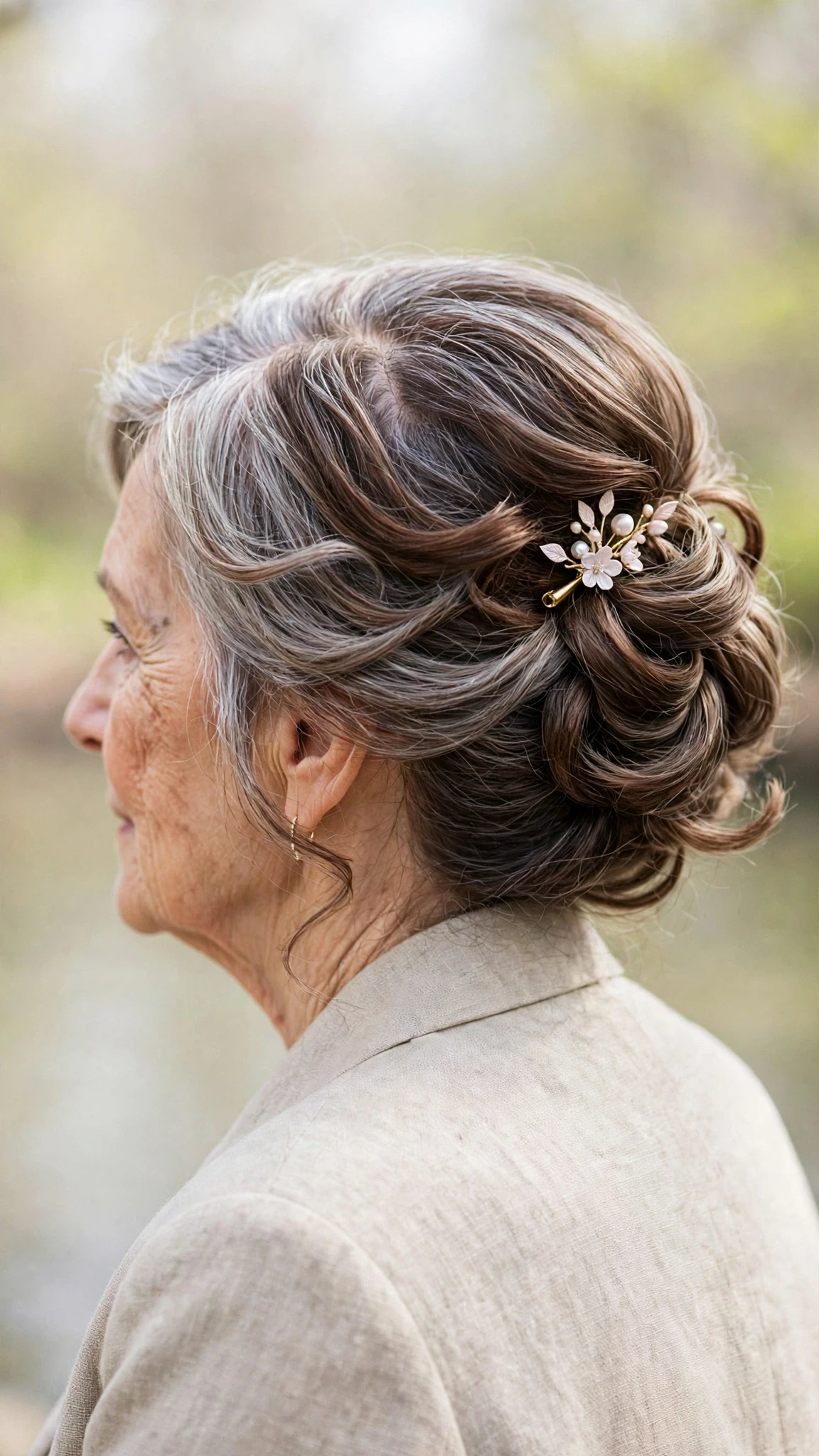 Spring Updos With Silver Hair And A Polished Pin Finish With Soft Bends And Flicked Ends, A Centre Part With Soft Layers And Rich Chocolate Depth