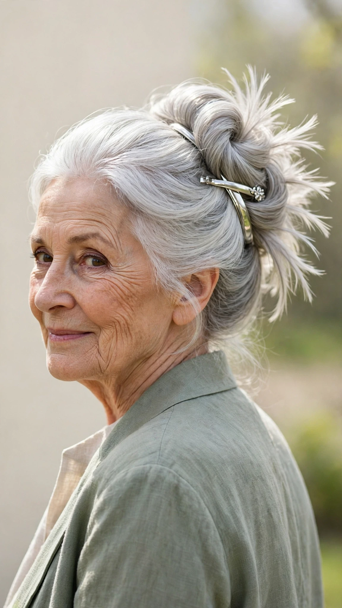 Spring Updos With Silver Hair And A Polished Pin Finish With Silky Smooth Strands, Feathered Ends And Silver-Blended Brightness
