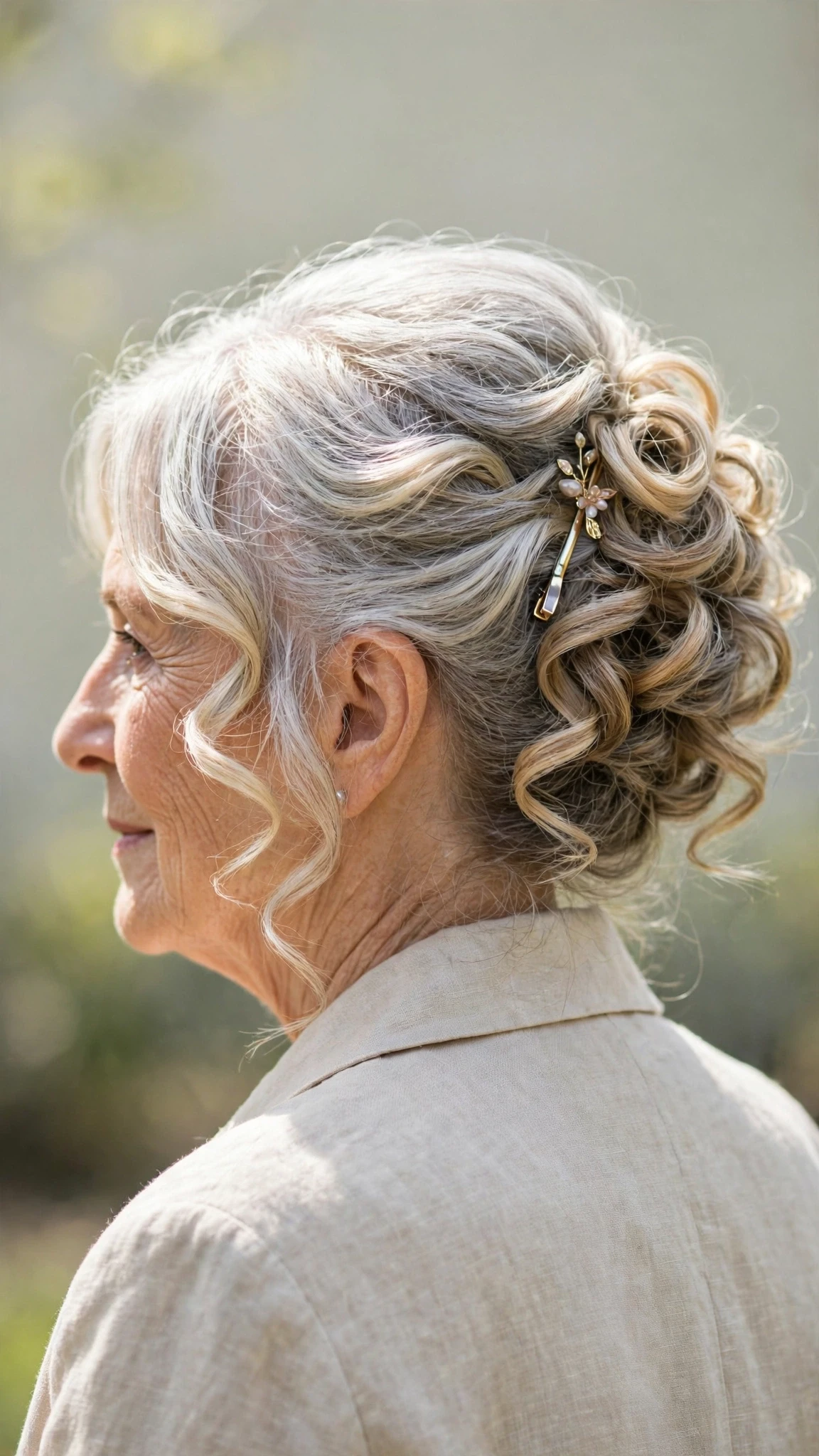 Spring Updos With Silver Hair And A Polished Pin Finish With Loose Romantic Curls, Face-Framing Layers And Sunlit Dimension