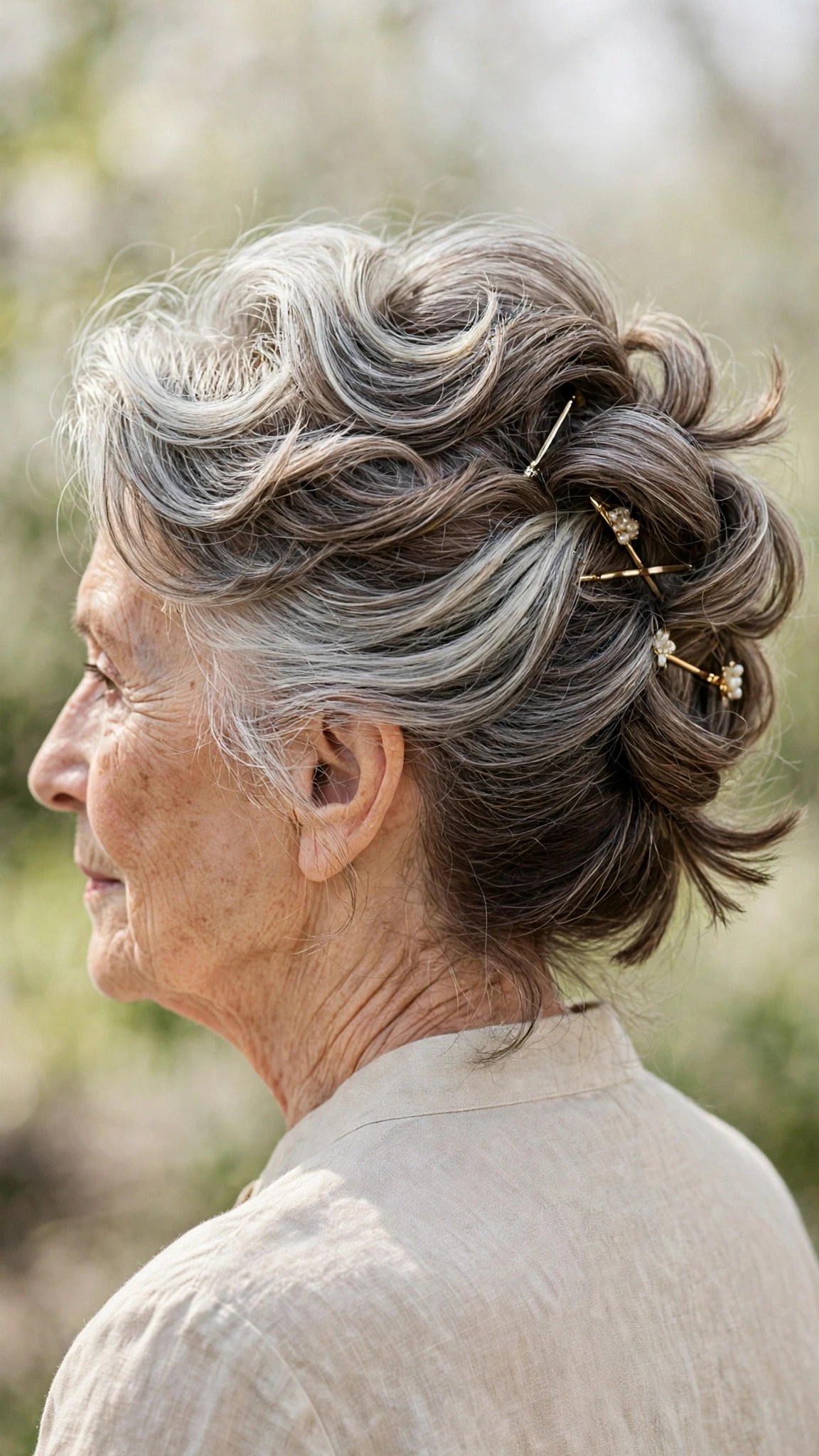 Spring Updos With Silver Hair And A Polished Pin Finish With Soft Bends And Flicked Ends, Blunt Ends With Soft Layers And Natural Brunette Depth