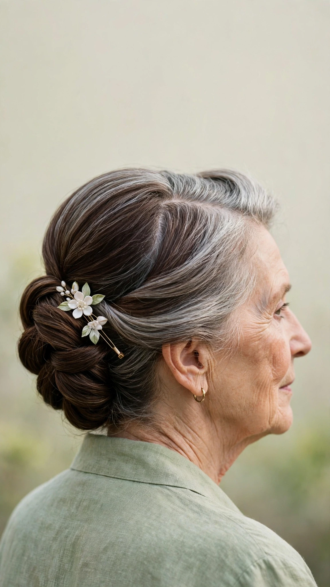 Spring Updos With Silver Hair And A Polished Pin Finish With Silky Smooth Strands, A Deep Side Part And Rich Chocolate Depth