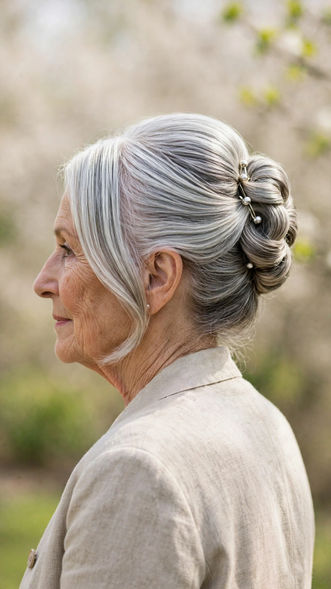 Spring Updos With Silver Hair And A Polished Pin Finish With A Sleek Straight Finish, Curtain Pieces And Silver-Blended Brightness