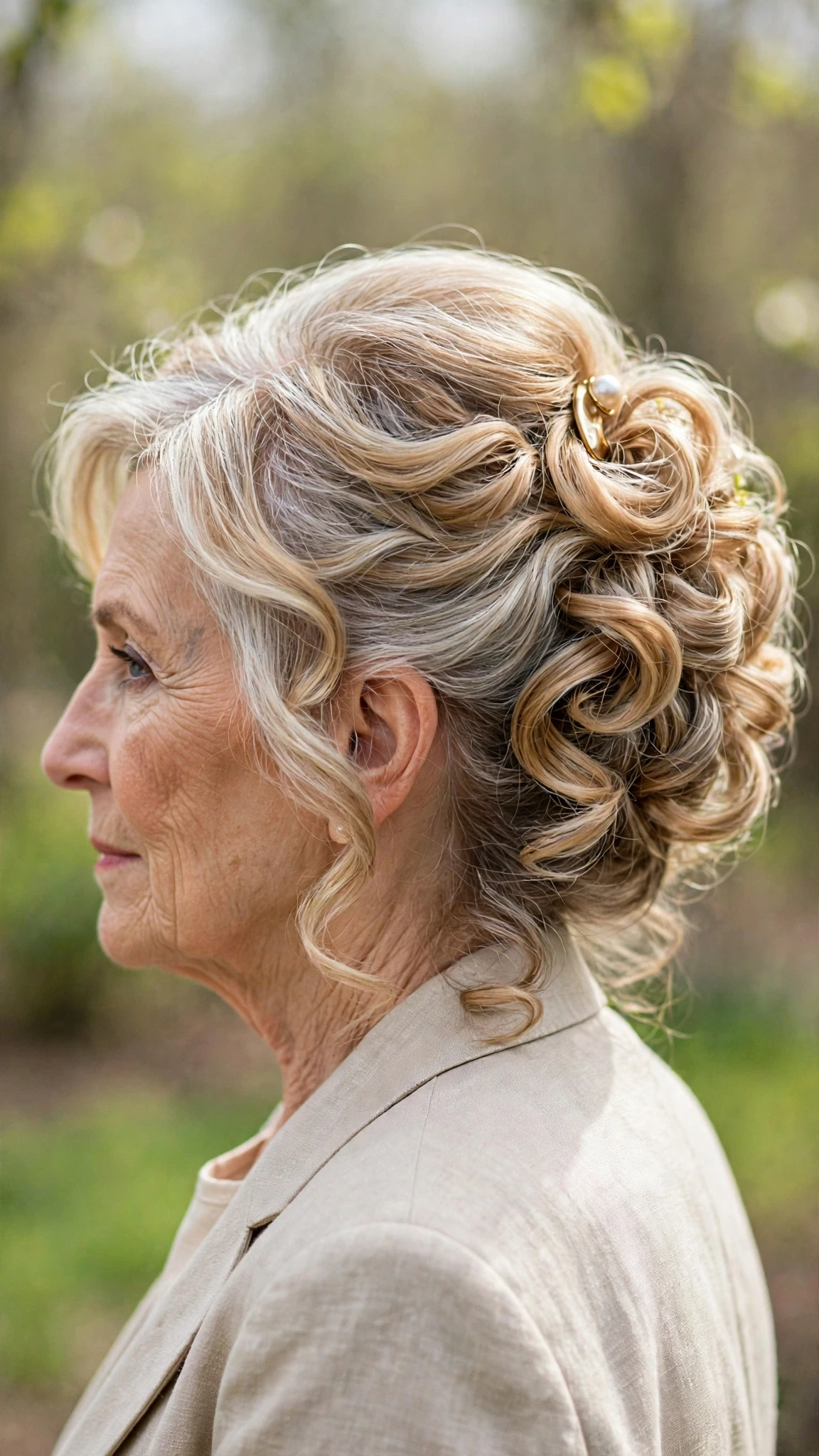 Spring Updos With Silver Hair And A Polished Pin Finish With Loose Romantic Curls, Graduated Layers And Honey Blonde Shine