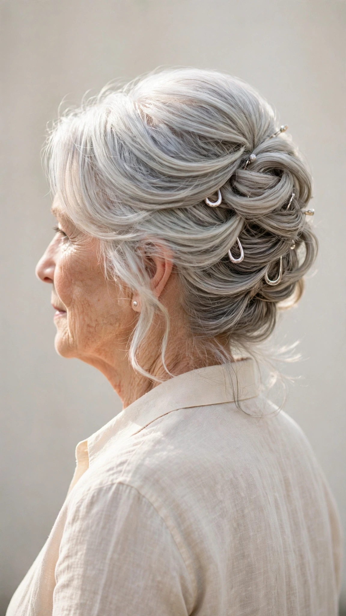 Spring Updos With Silver Hair And A Polished Pin Finish With Soft Bends And Flicked Ends, Long Soft Layers And A Fresh Salon Shine