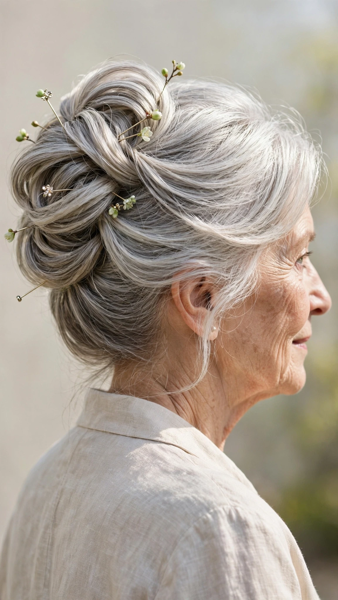 Spring Updos With Silver Hair And A Polished Pin Finish With Silky Smooth Strands, A Layered Shape That Moves And A Glossy Shine Finish