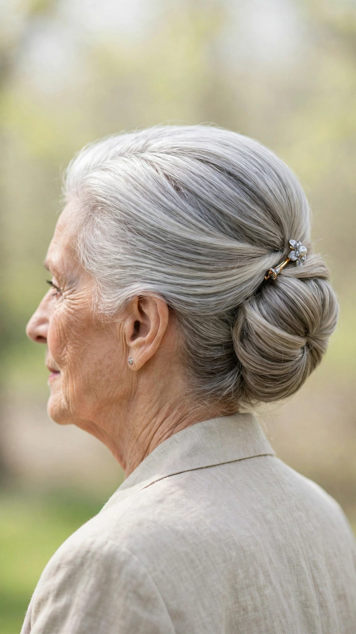 Spring Updos With Silver Hair And A Polished Pin Finish With A Sleek Straight Finish, Subtle Internal Layers And Cool Ash Softness