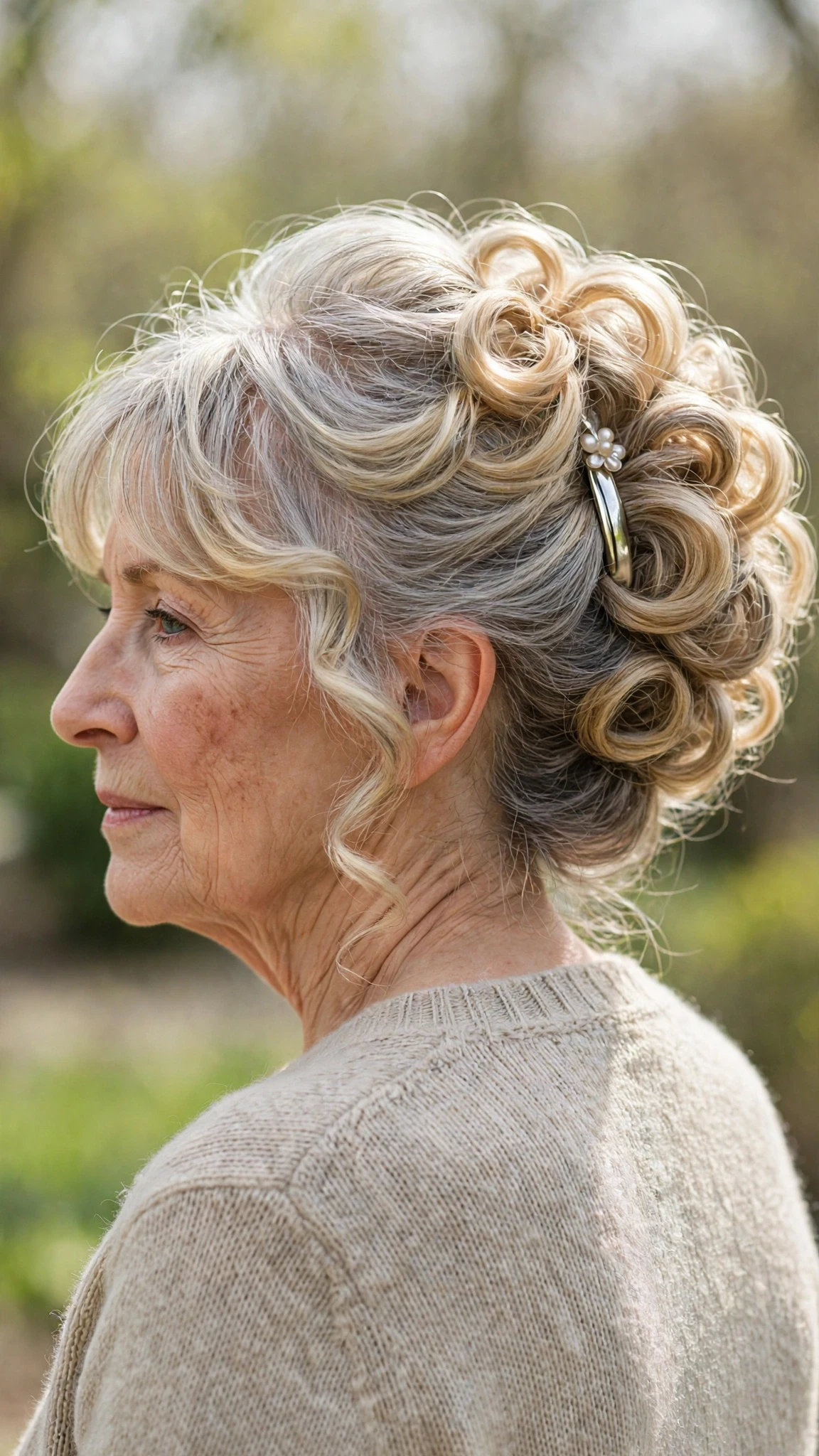 Spring Updos With Silver Hair And A Polished Pin Finish With Loose Romantic Curls, A Soft Side-Swept Fringe And Soft Golden Pieces