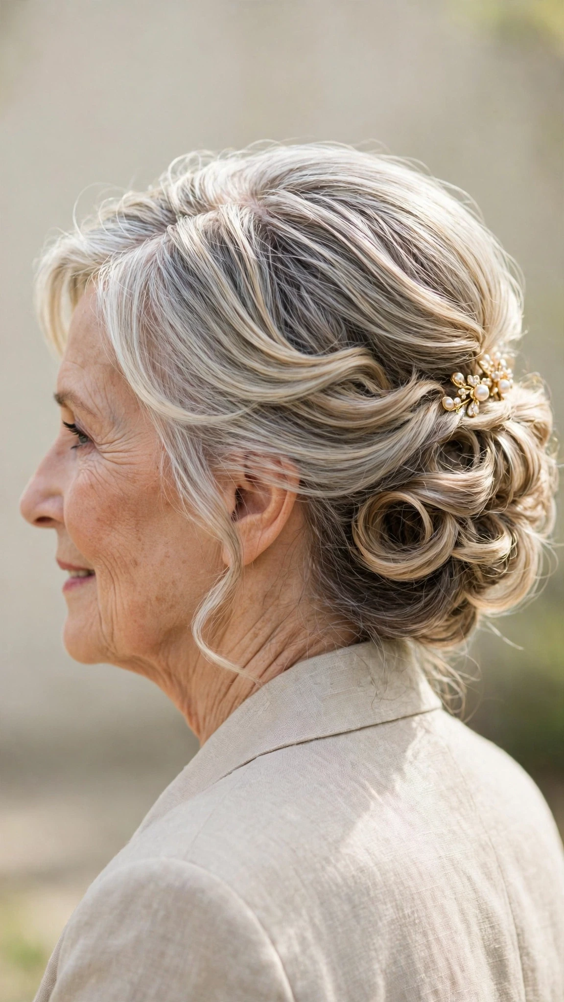 Spring Updos With Silver Hair And A Polished Pin Finish With Soft Bends And Flicked Ends, A Centre Part With Soft Layers And Delicate Blonde Dimension