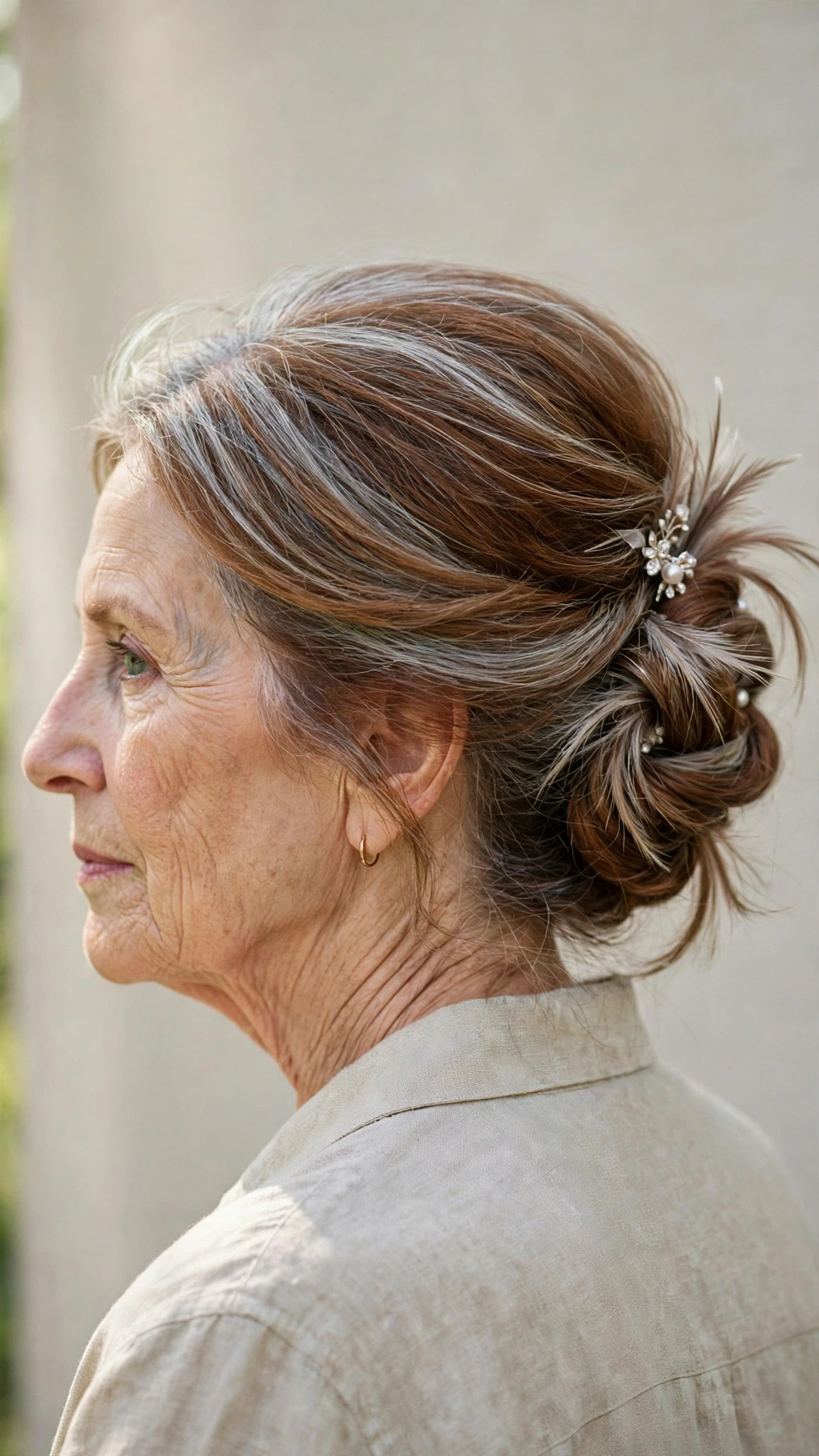 Spring Updos With Silver Hair And A Polished Pin Finish With Silky Smooth Strands, Feathered Ends And Warm Chestnut Warmth