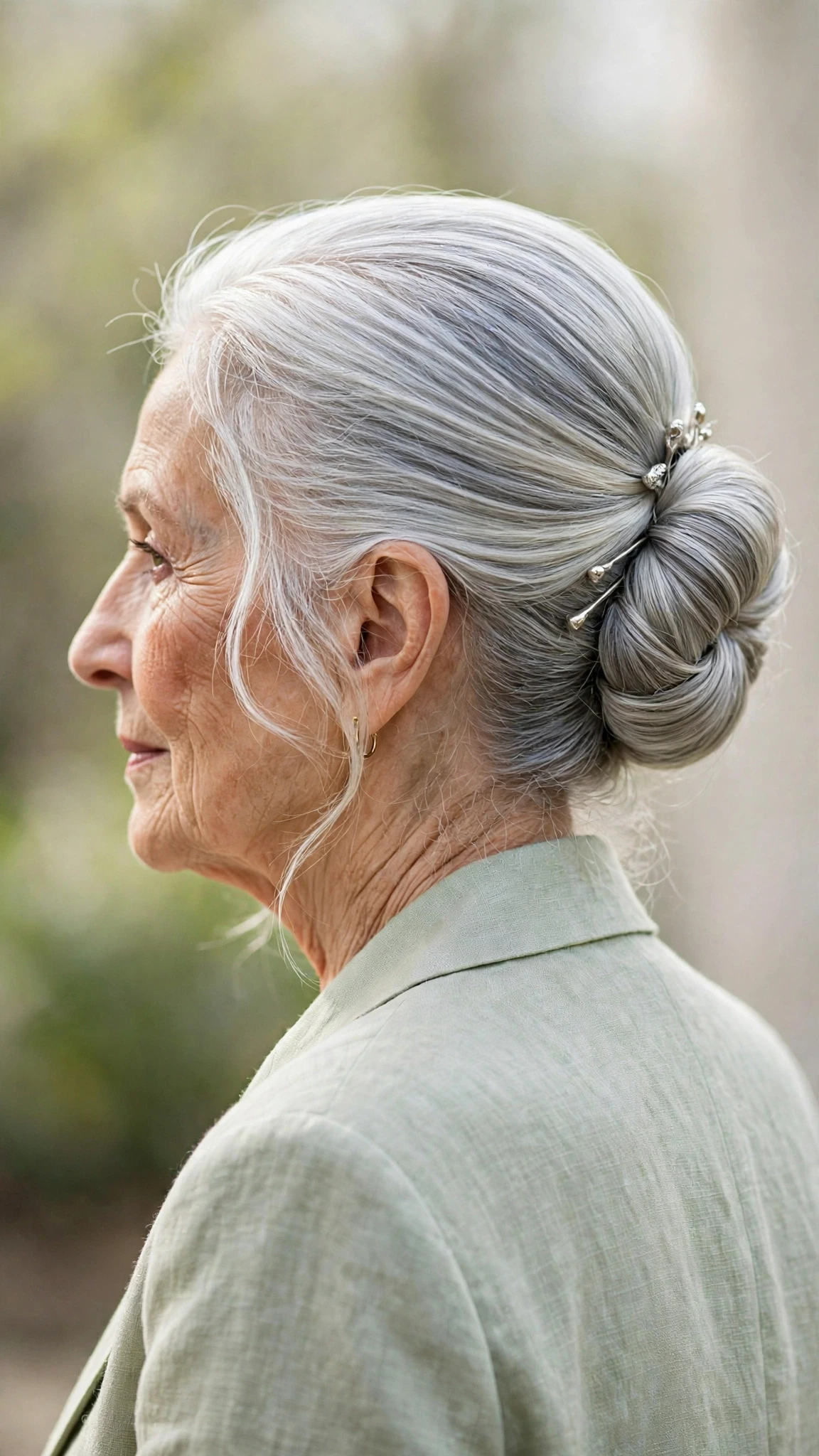 Spring Updos With Silver Hair And A Polished Pin Finish With A Sleek Straight Finish, Wispy Pieces Around The Face And A Glossy Shine Finish