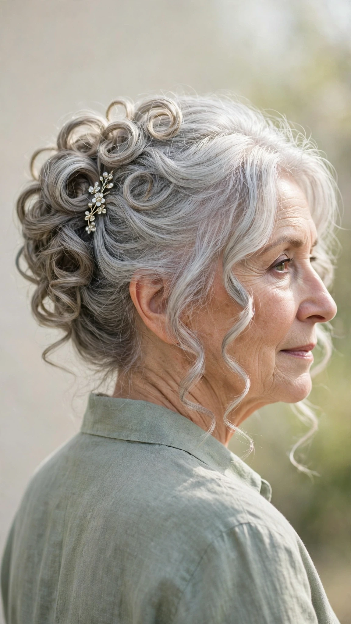 Spring Updos With Silver Hair And A Polished Pin Finish With Loose Romantic Curls, Face-Framing Layers And Cool Ash Softness