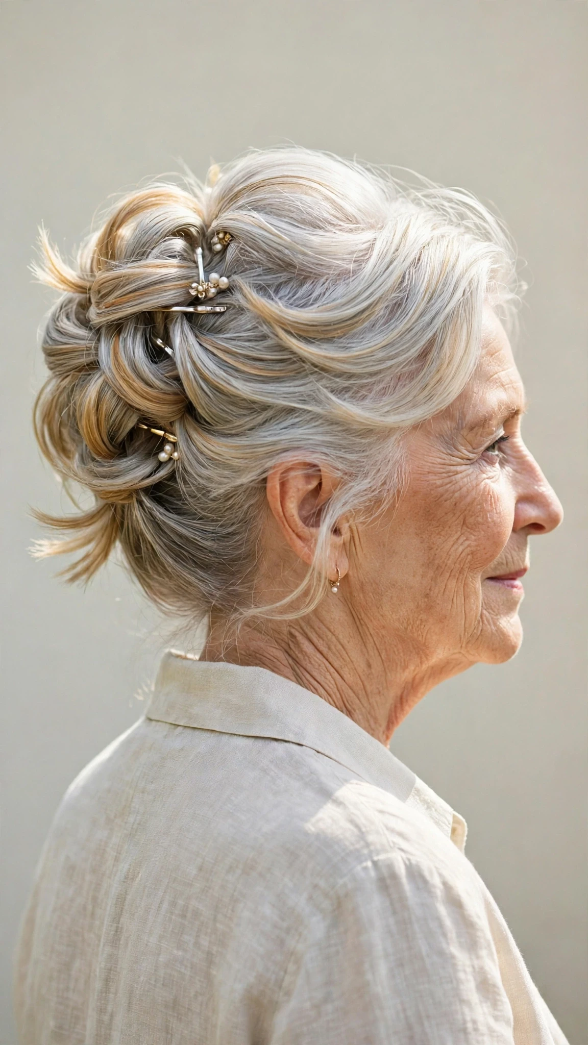 Spring Updos With Silver Hair And A Polished Pin Finish With Soft Bends And Flicked Ends, Blunt Ends With Soft Layers And Soft Golden Pieces