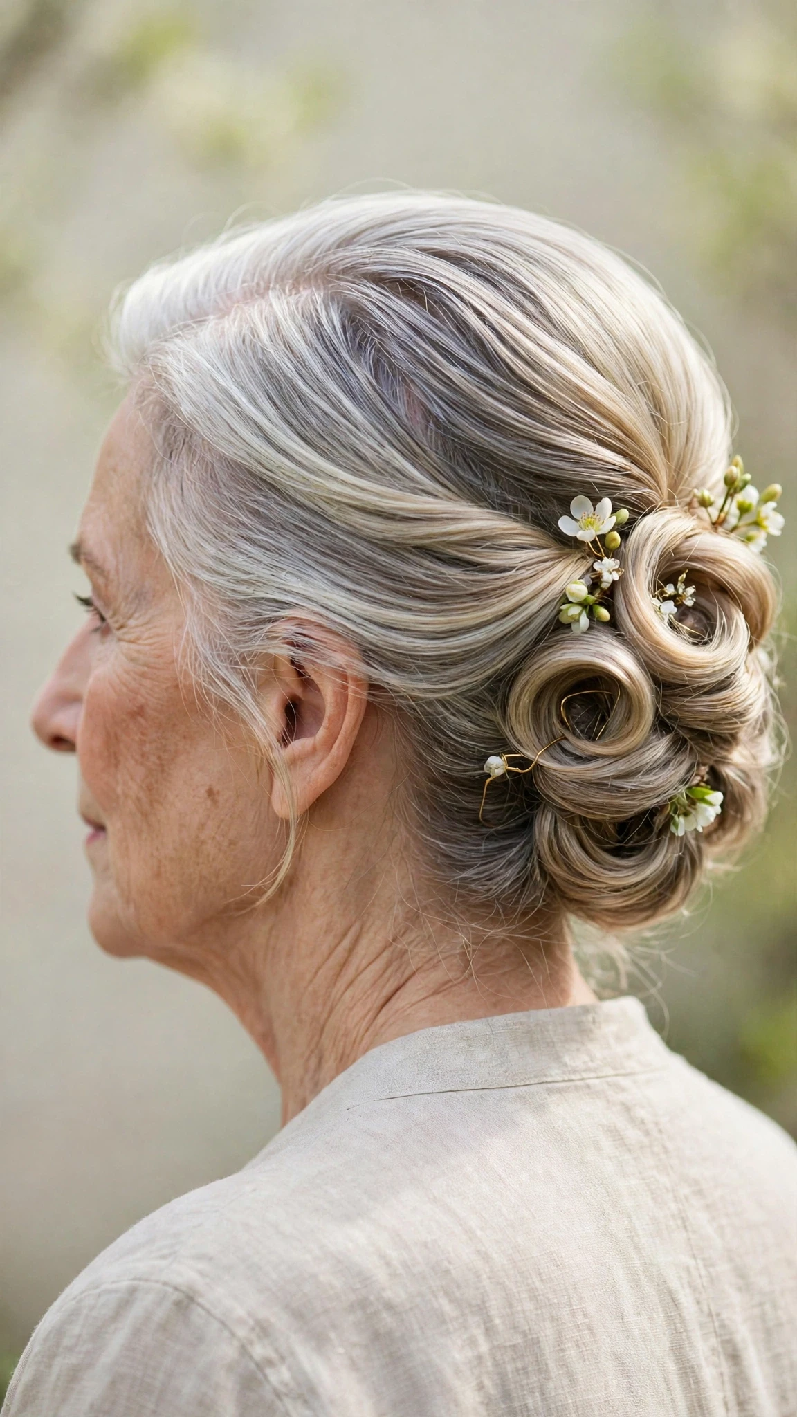 Spring Updos With Silver Hair And A Polished Pin Finish With Silky Smooth Strands, A Deep Side Part And Delicate Blonde Dimension