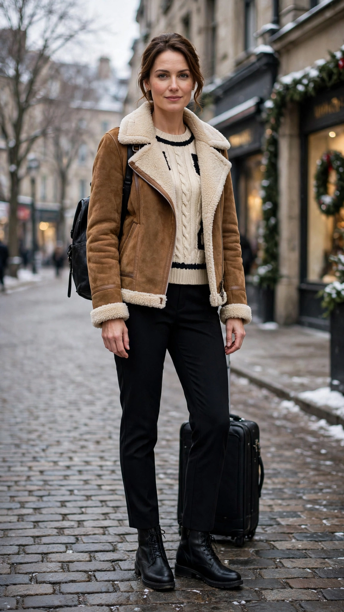 Black Accent Suede Shearling Jacket with black trousers