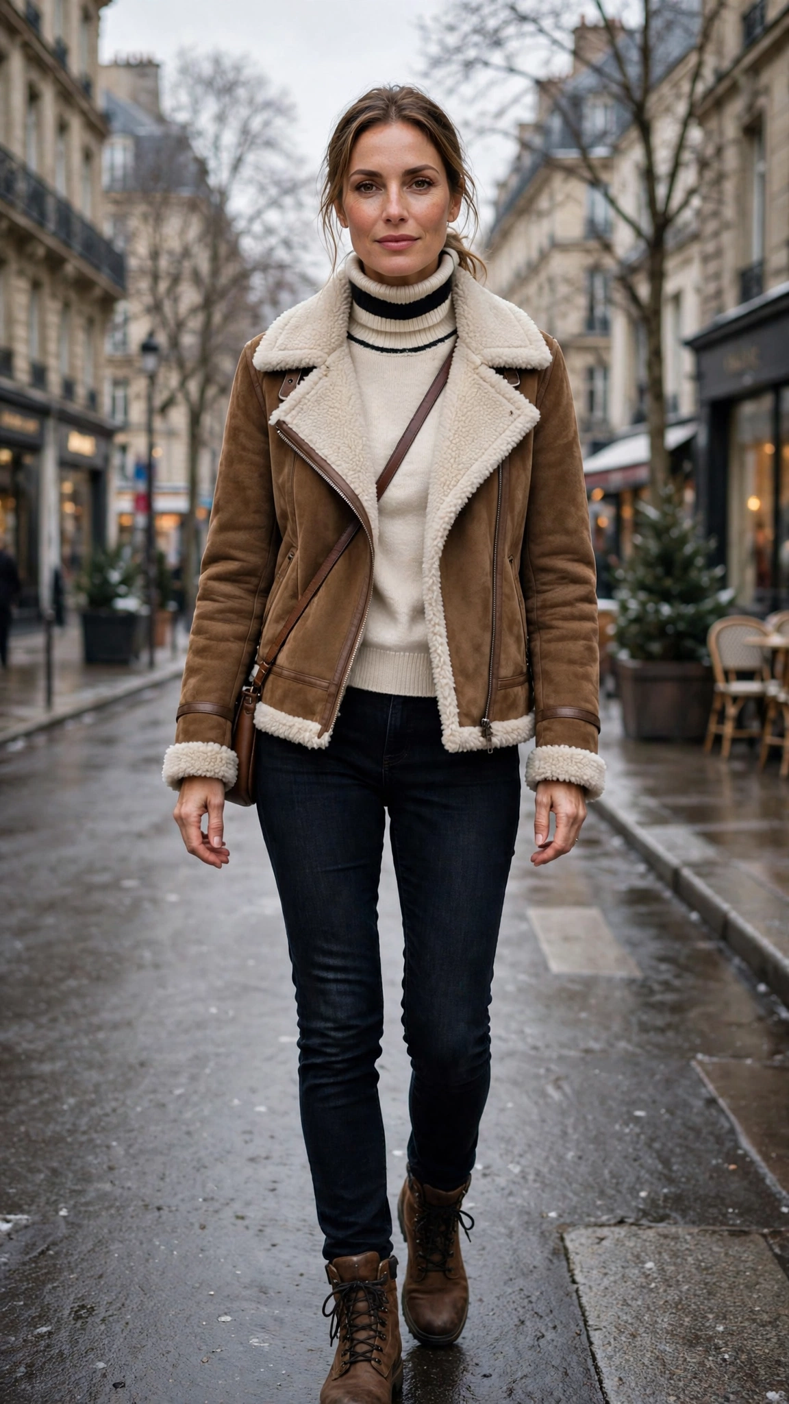 Black Accent Suede Shearling Jacket with dark jeans