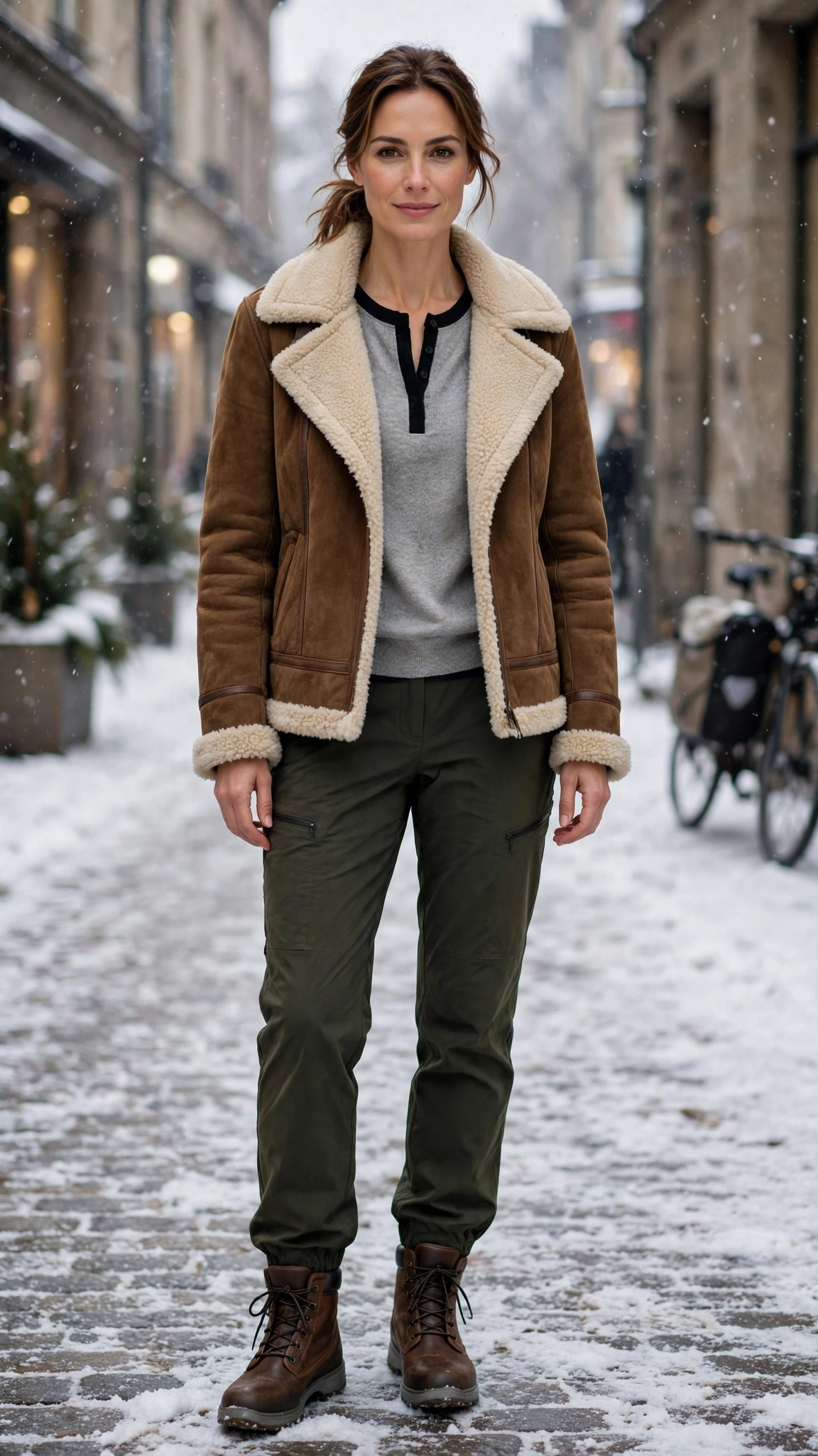 Black Accent Suede Shearling Jacket with travel trousers