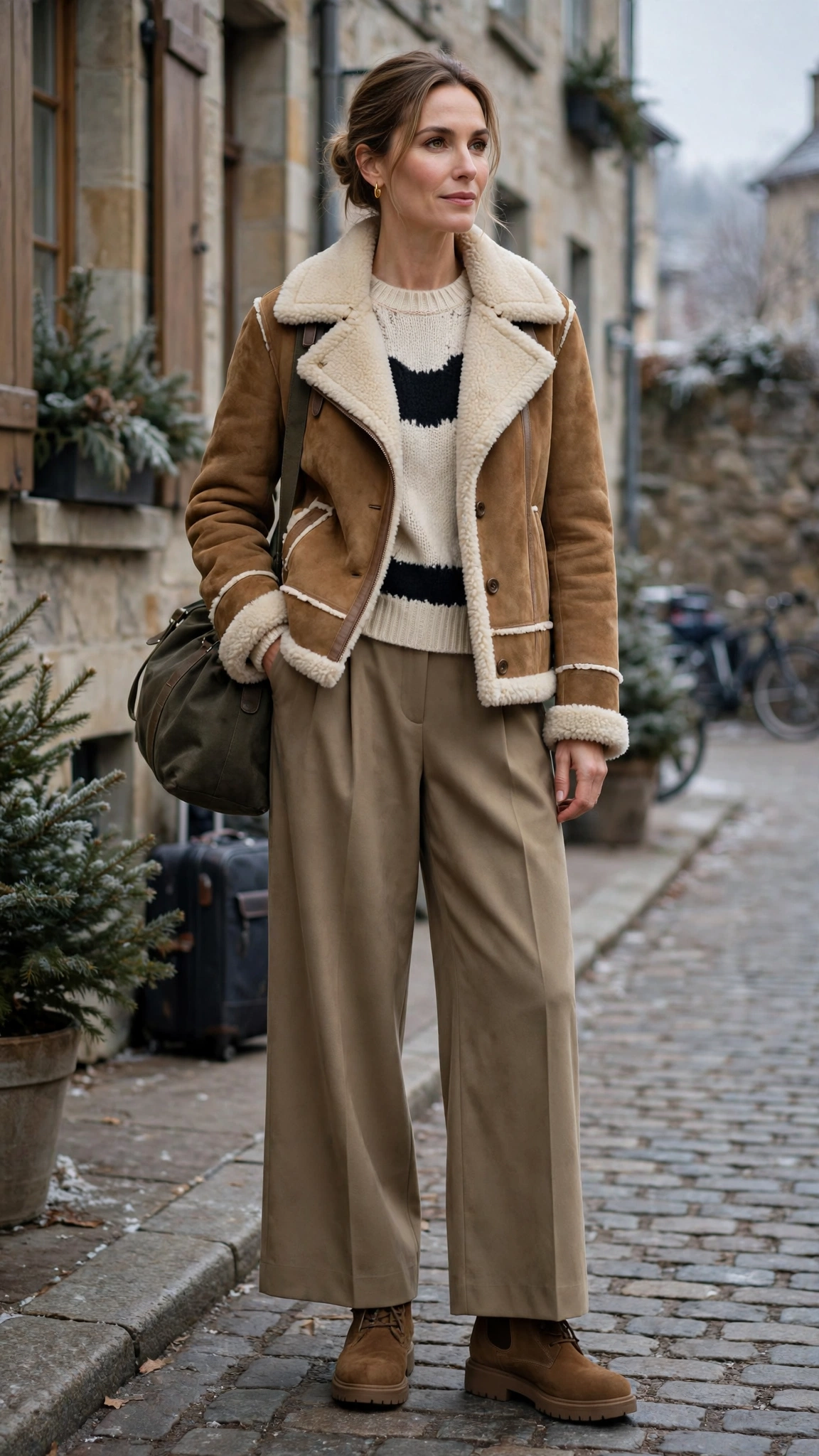 Black Accent Suede Shearling Jacket with wide-leg trousers