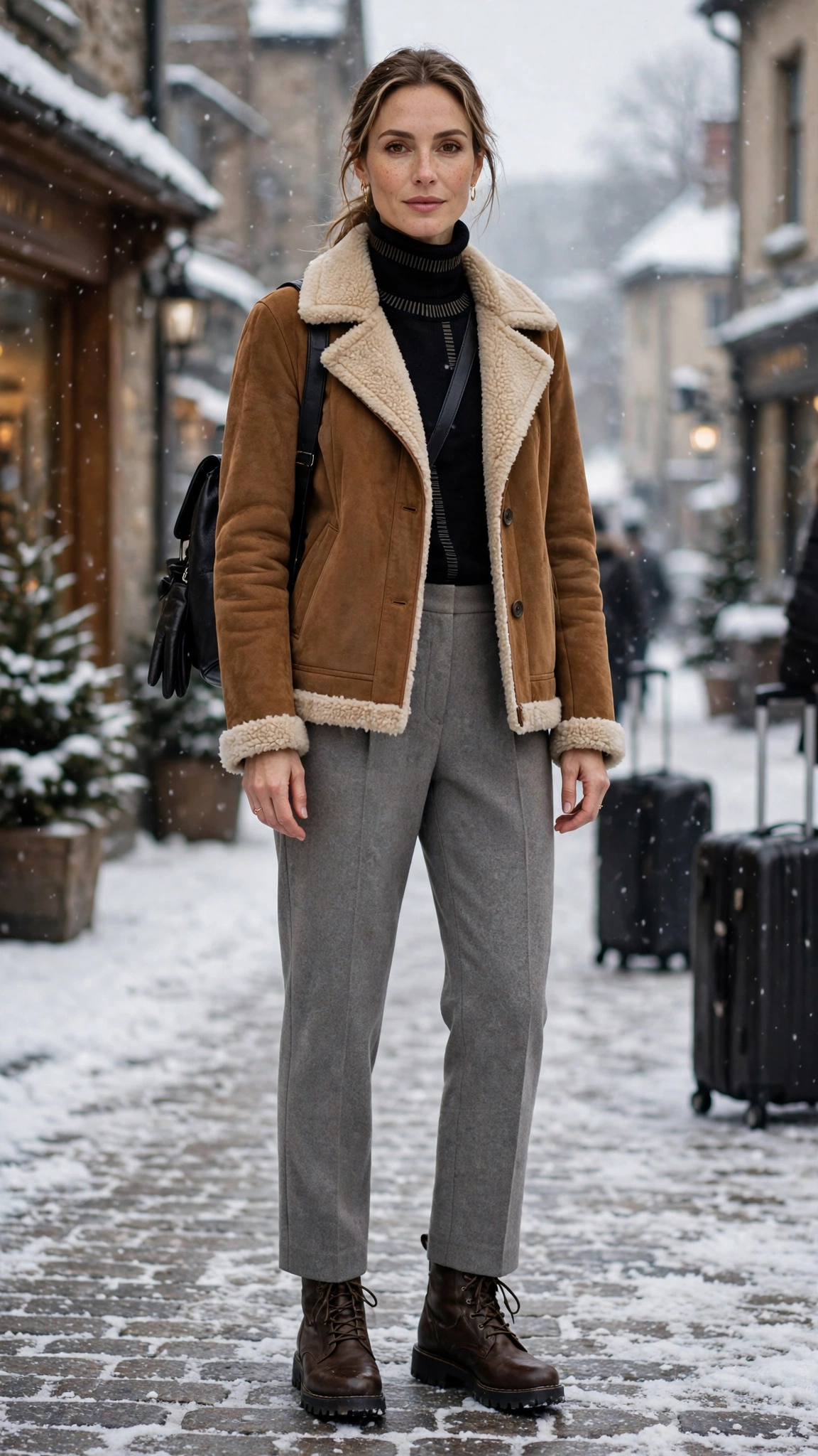Black Accent Suede Shearling Jacket with wool trousers