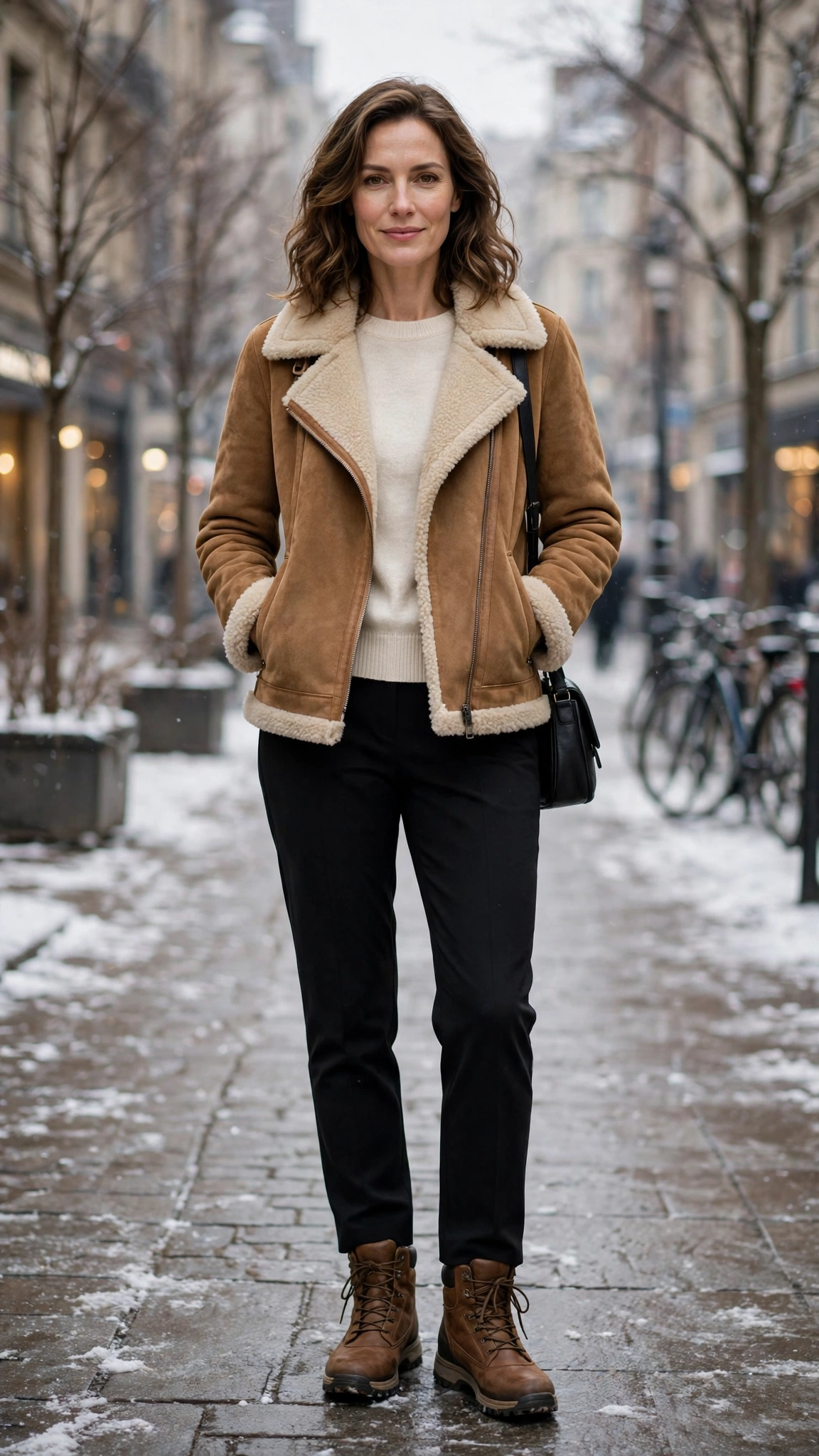 Cream Accent Suede Shearling Jacket with black trousers