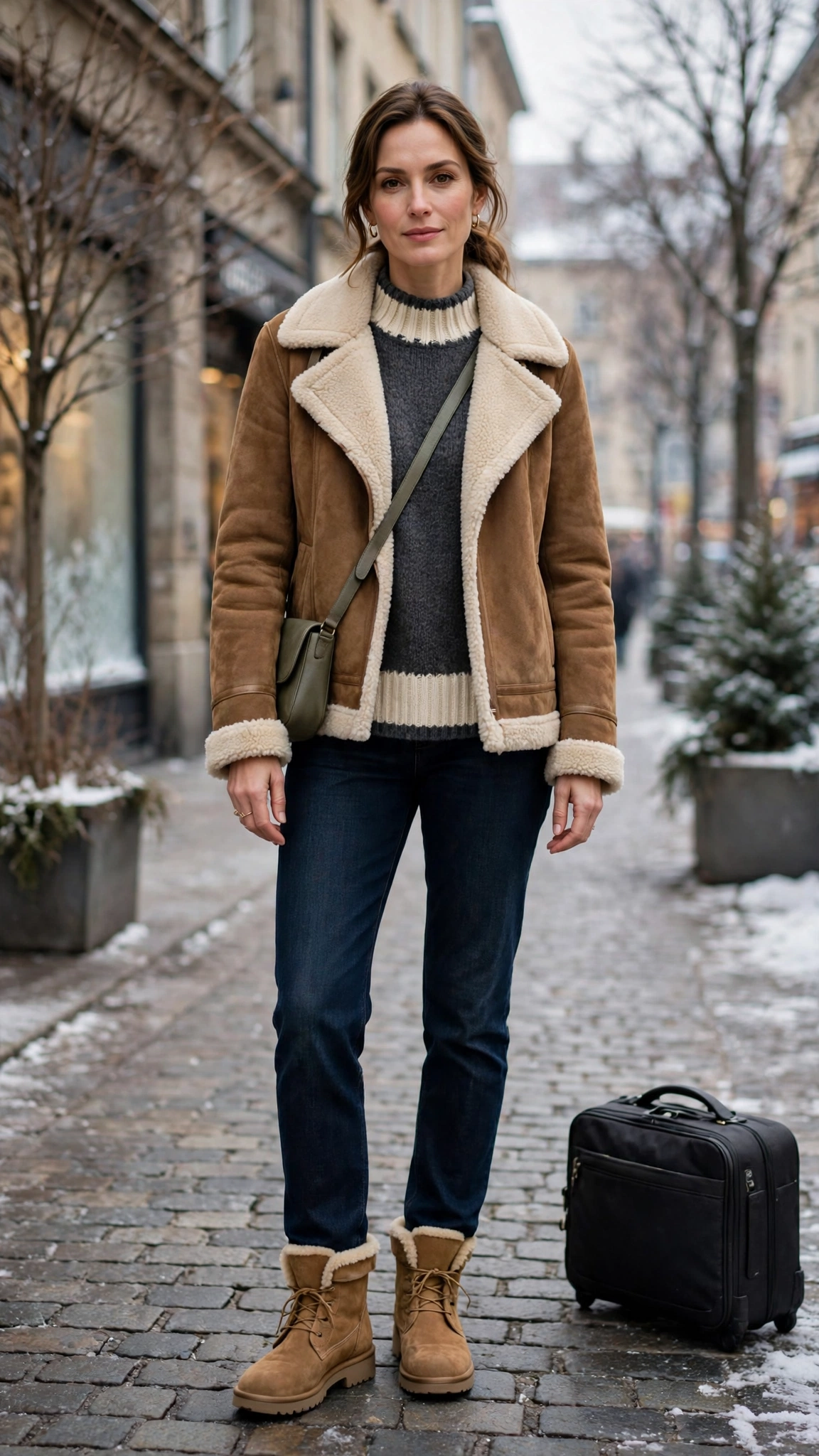 Cream Accent Suede Shearling Jacket with dark jeans