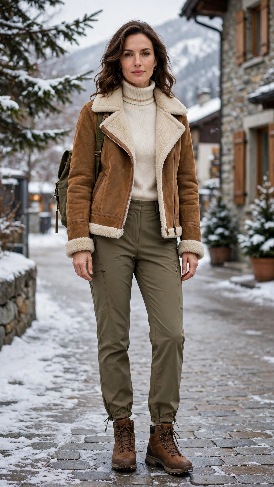 Cream Accent Suede Shearling Jacket with travel trousers