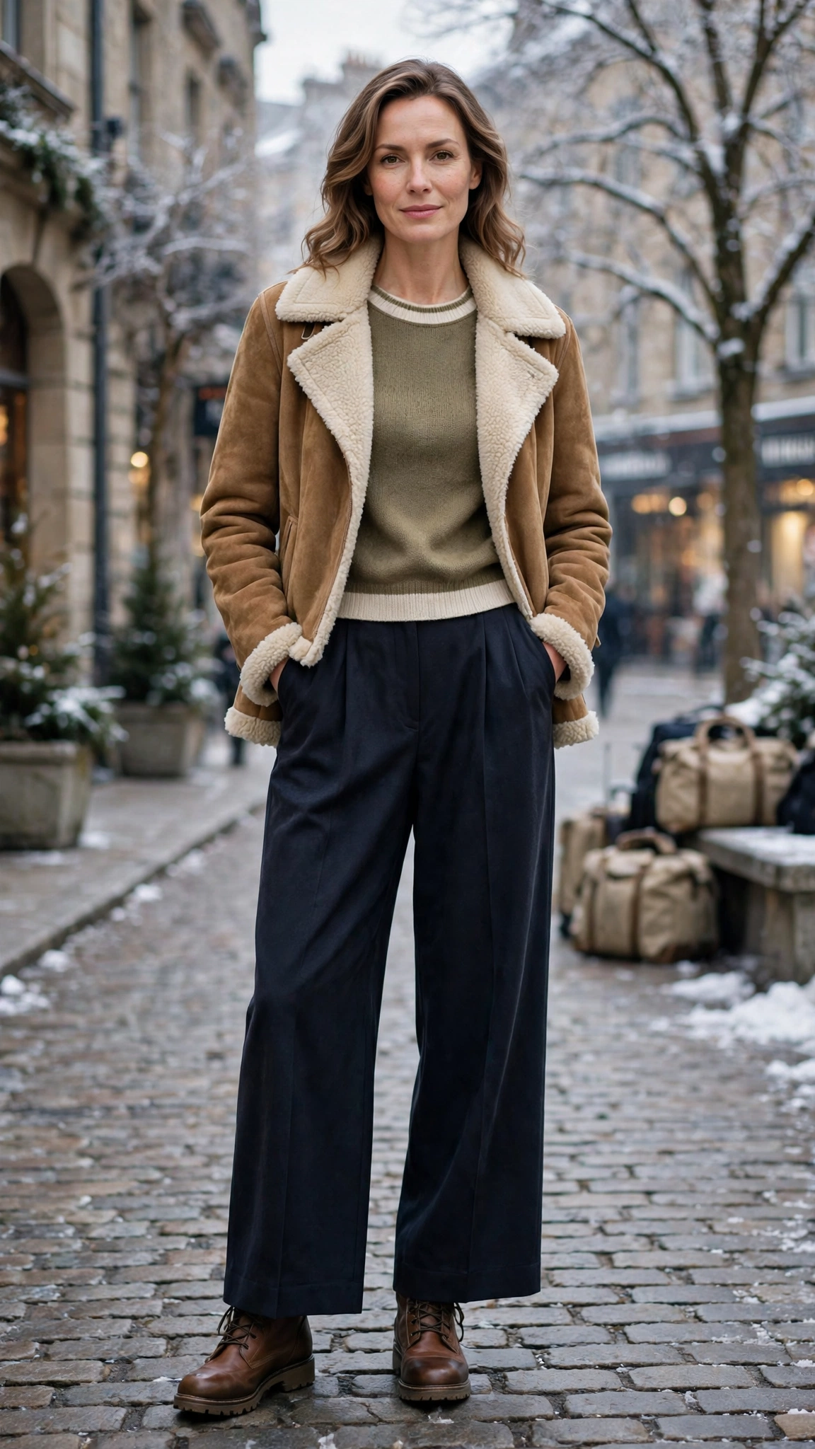 Cream Accent Suede Shearling Jacket with wide-leg trousers